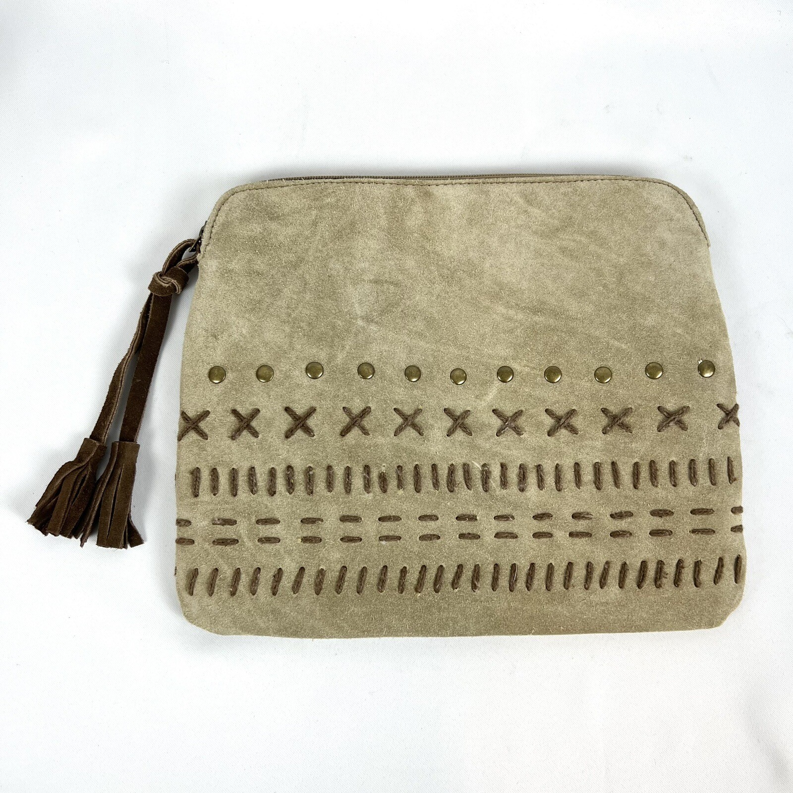 Genuine Suede Tan Leather Metal Studded Stitched Tablet Case 9" X 11" Tassel EUC