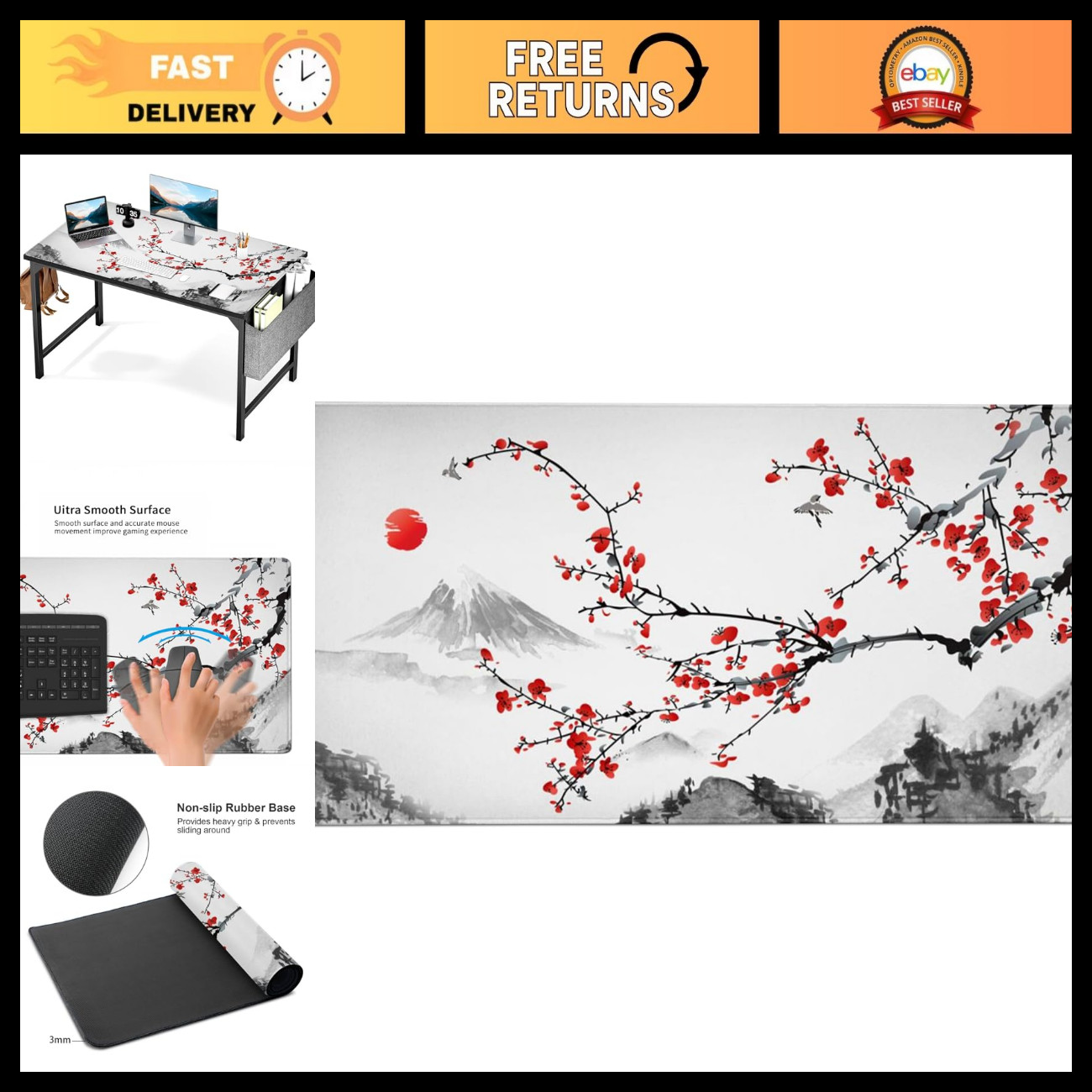 Large 48x24 Inch Gaming Mouse Pad - Japanese Cherry Blossom Desk Mat, Non-Slip