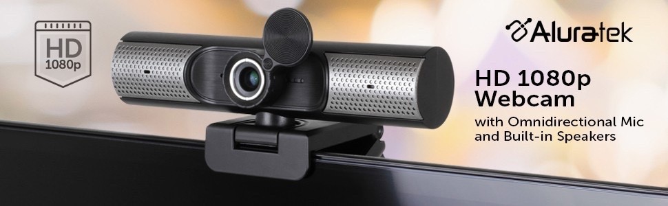"Aluratek HD 1080P Webcam, USB-C/USB-A, w/Built-in Speakers & Mic,BLACK,AWCS06F