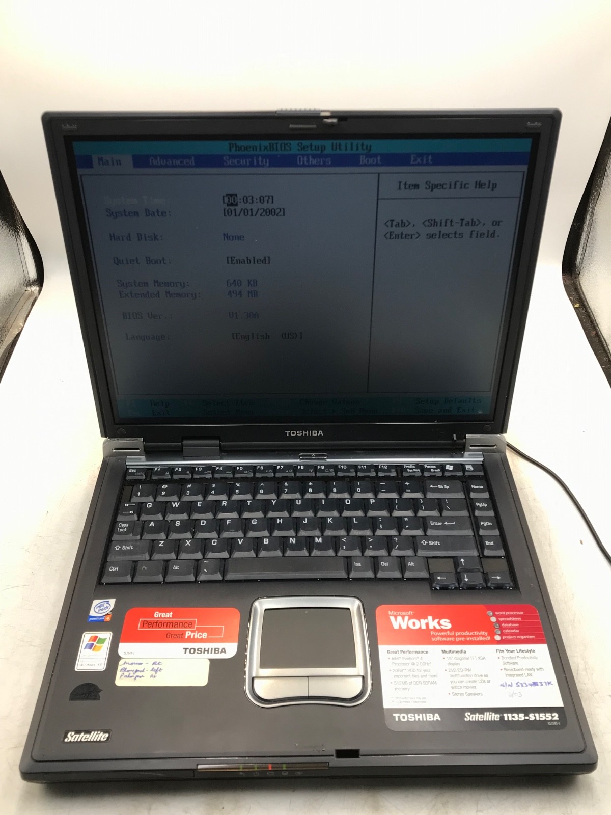 Toshiba Satellite 1135-S1552 Pentium 4 2.0GHz  15" 512MB RAM -BOOTS BIOS-MZ