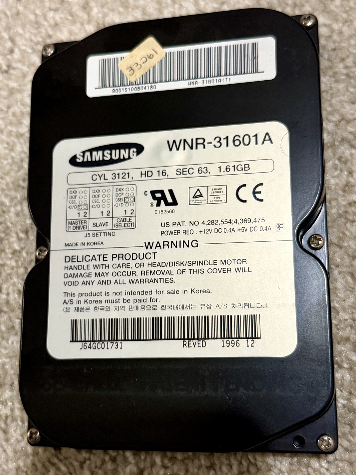 Samsung WNR-31601A 1.61GB Tower Computer Hard Drive Vintage HDD Not Tested
