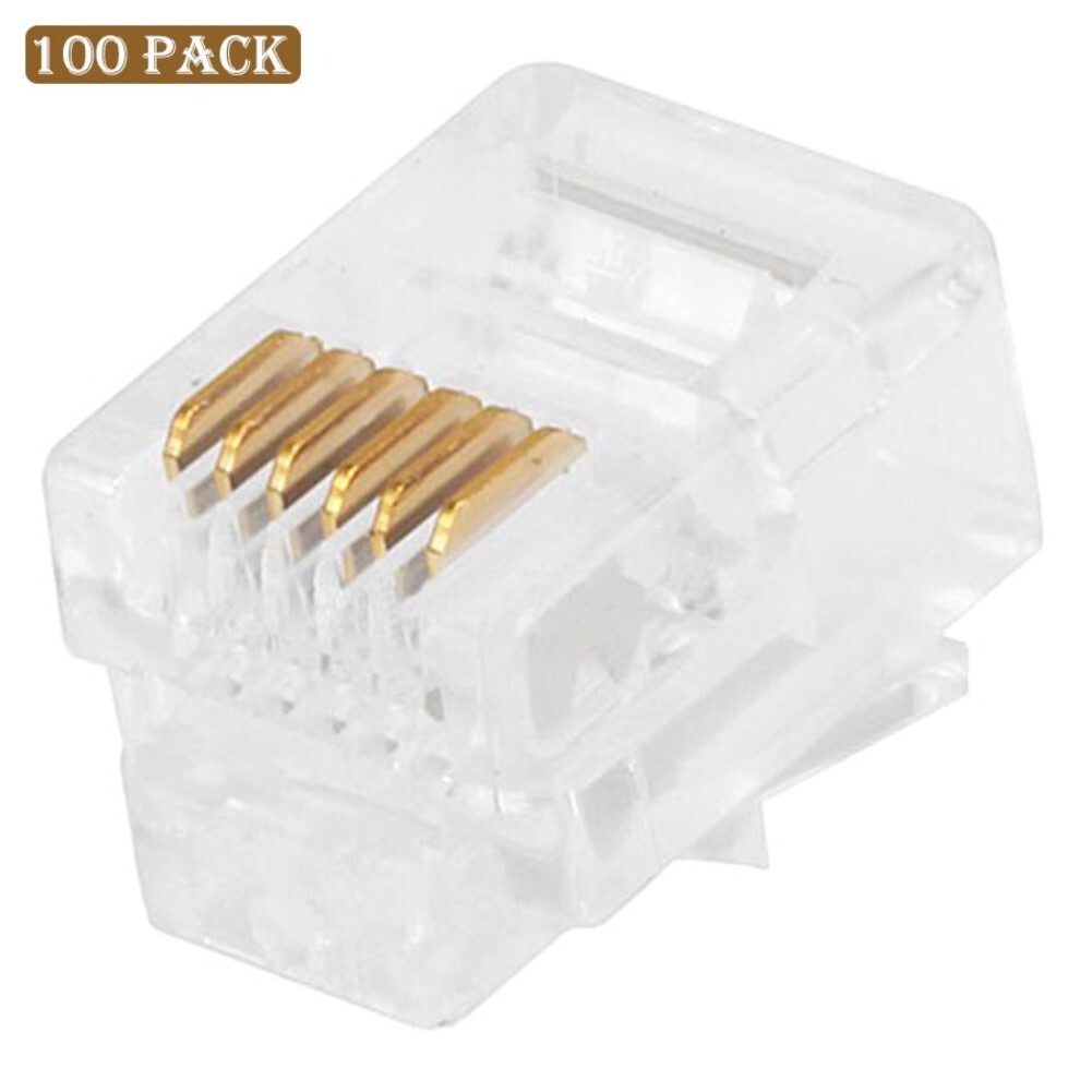100 pcs RJ12 Modular Plug Telephone Cable Head Crimp On Flat Stranded Wire 6P6C