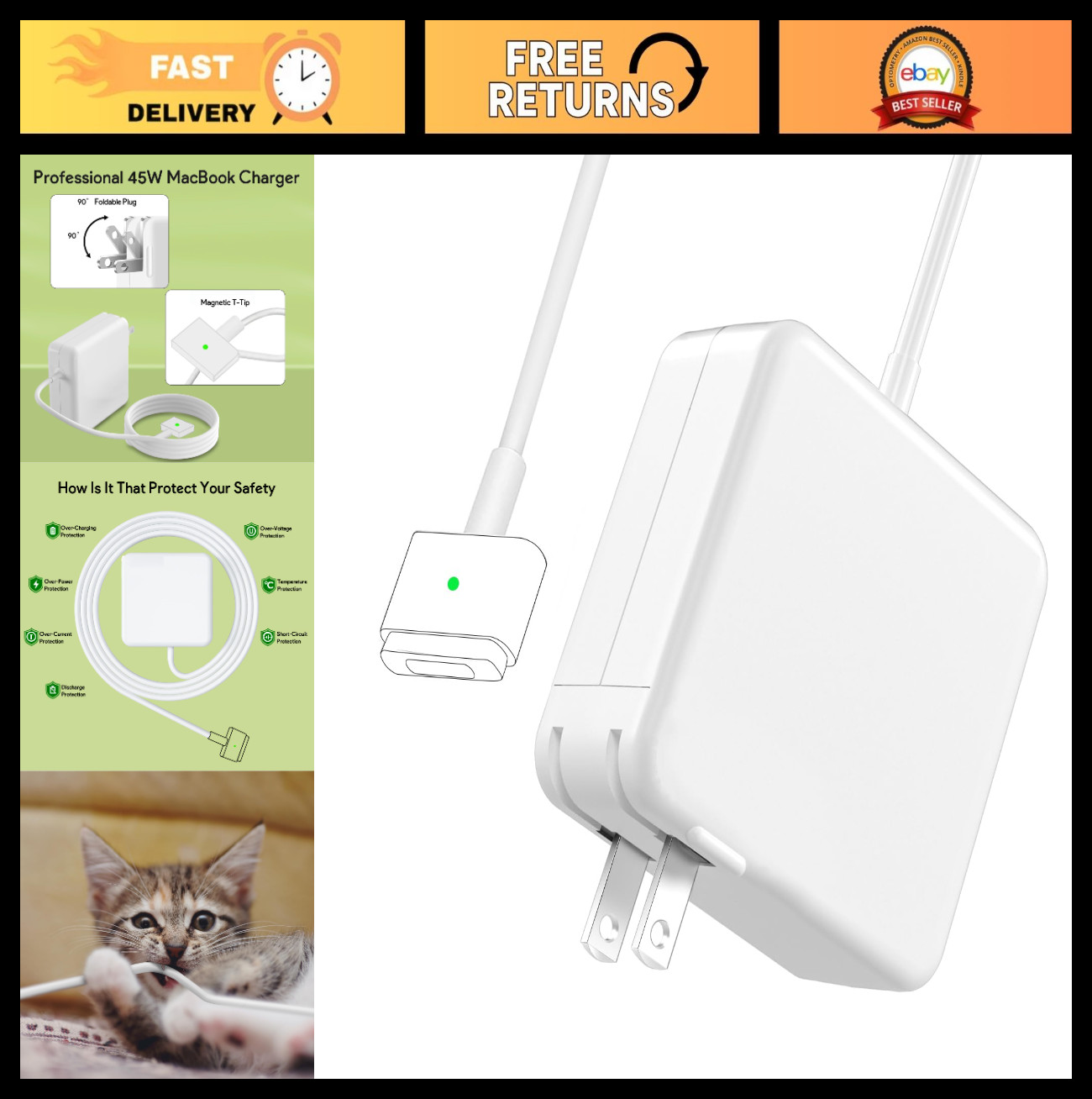 45W Magnetic T-Tip Power Adapter Charger for MacBook Air 2012-2017 11" & 13