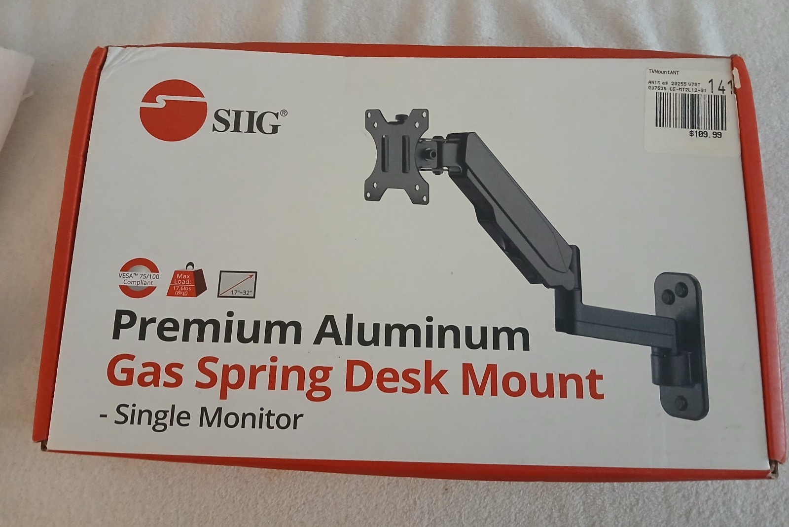 SIIG Premium Aluminum Gas Spring Desk Mount Single Monitor Arm 17"-32" CE-MT2L12