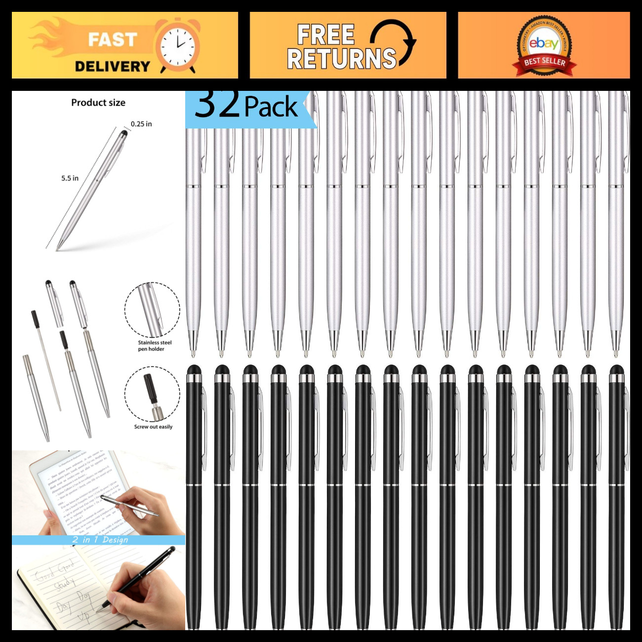 32 Stylus Pens for Touch Screens - 2-in-1 Fine Tip & Ballpoint, Black/Silver