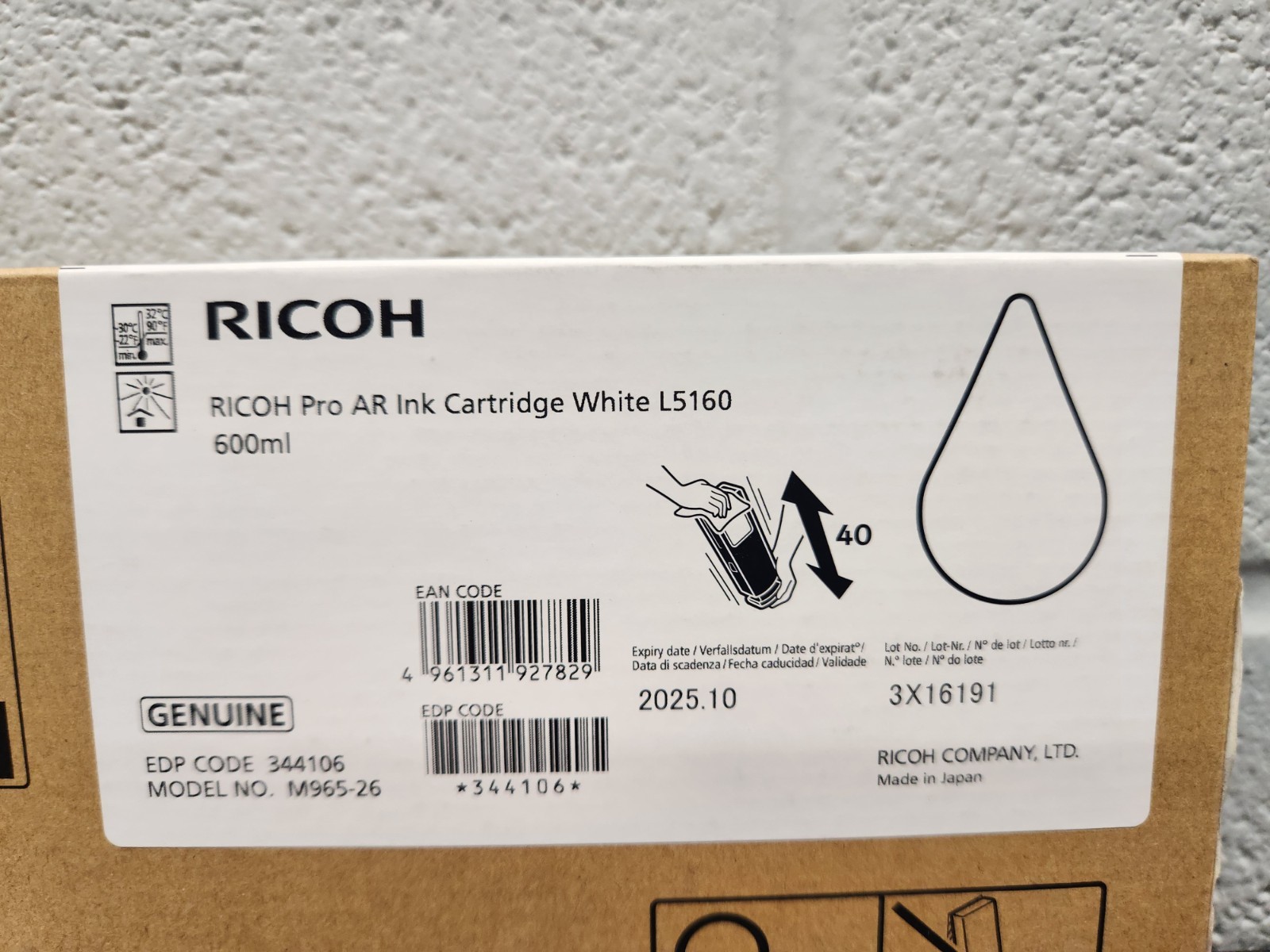 Genuine Ricoh L5160 Pro AR Ink Cartridge White 600ml M965-26 