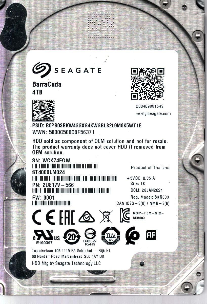 ST4000LM024 P/N: 2U817V-566 F/W: 0001 S/N: WCK7 TK 4TB JAN 2021 THAILAND SEAGATE