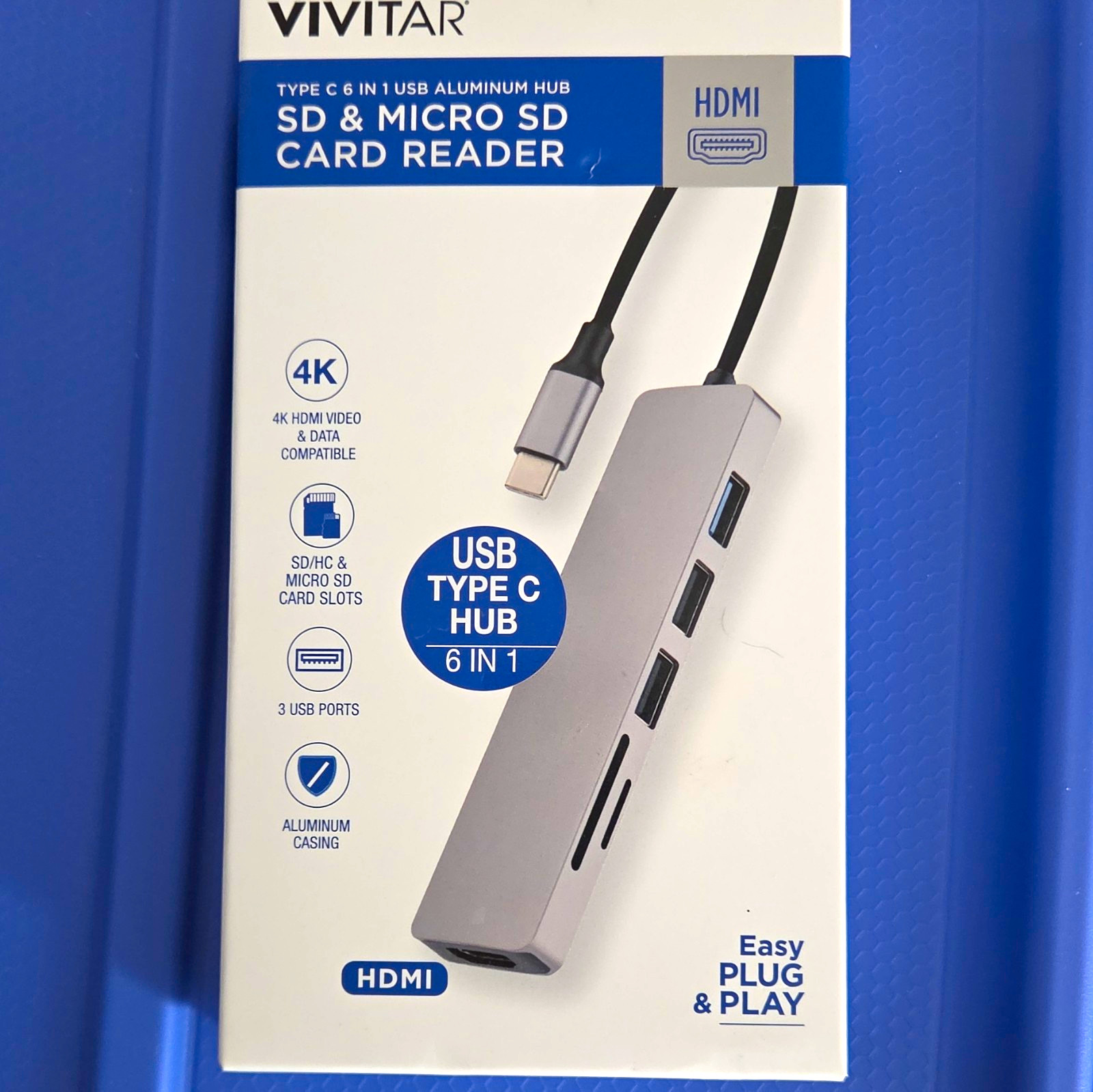 Vivitar USB-C 6-in-1 Aluminum Hub SD/MicroSD/SDHC Reader HDMI VIVRW7320