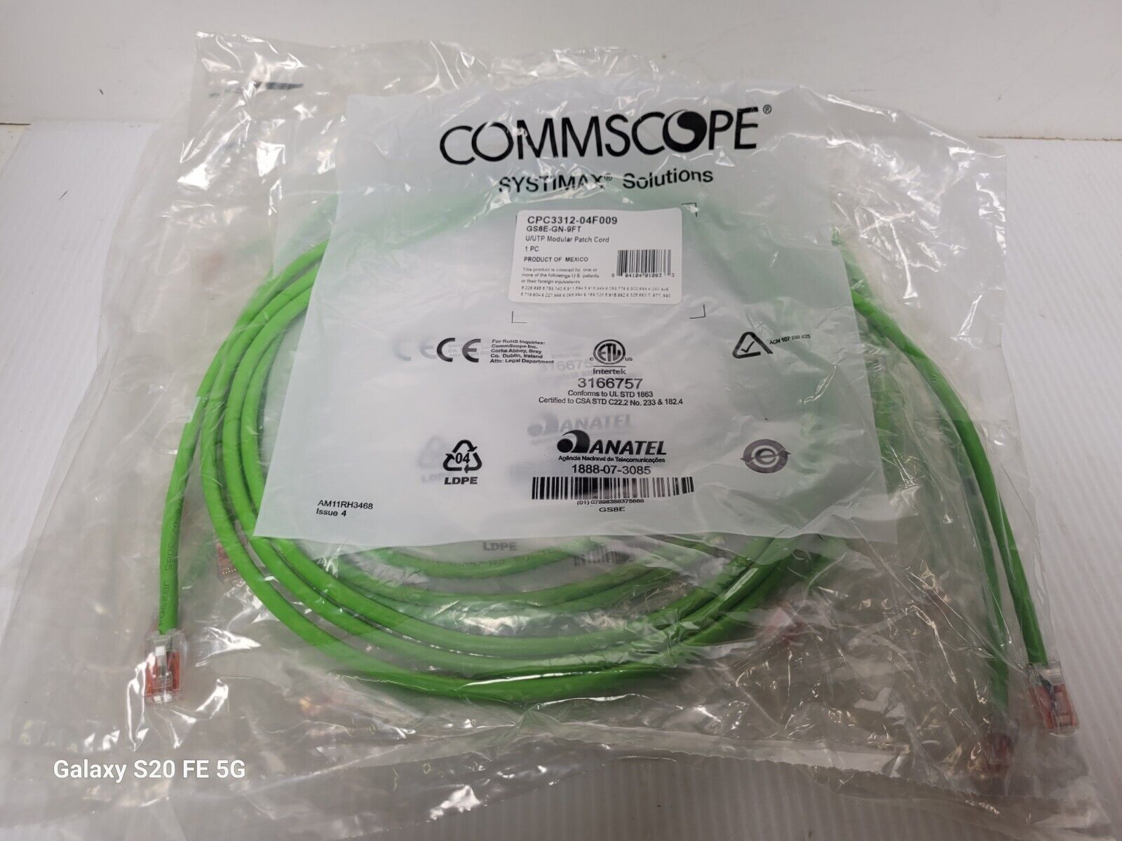 Lot of 5 Commscope Systimax 9FT Ethernet U/UTP Modular Patch Cords GS8E-GN-9FT
