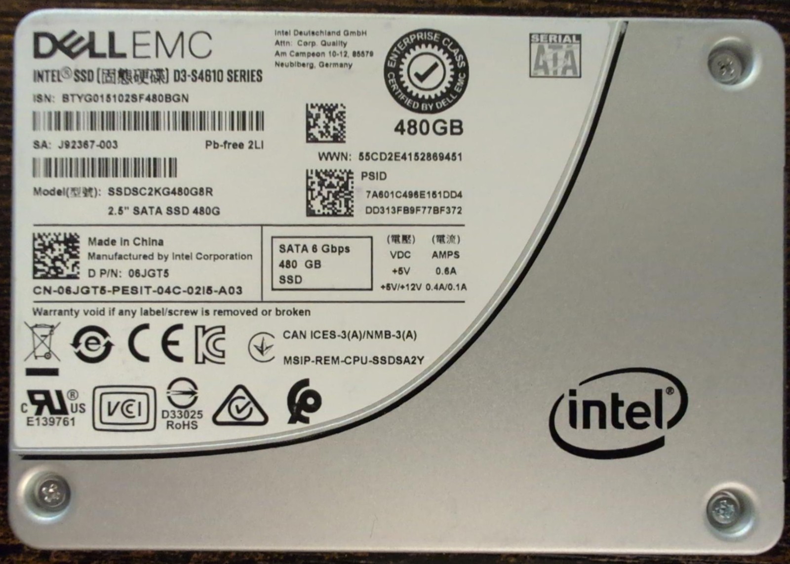 Certified Dell 06JGT5 - Intel SSDSC2KG480G8R D3-S4610 480GB SATA SSD