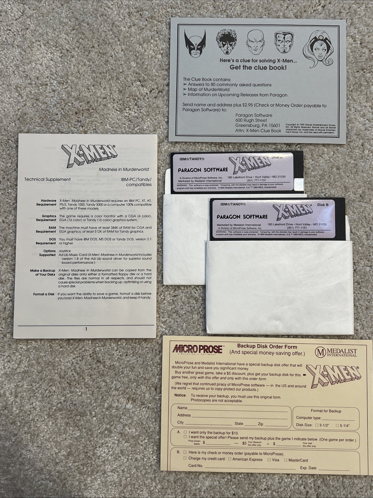 X-MEN Paragon Software Vintage 5.25” Floppy Disk A & B Plus Inserts IBM / TANDY