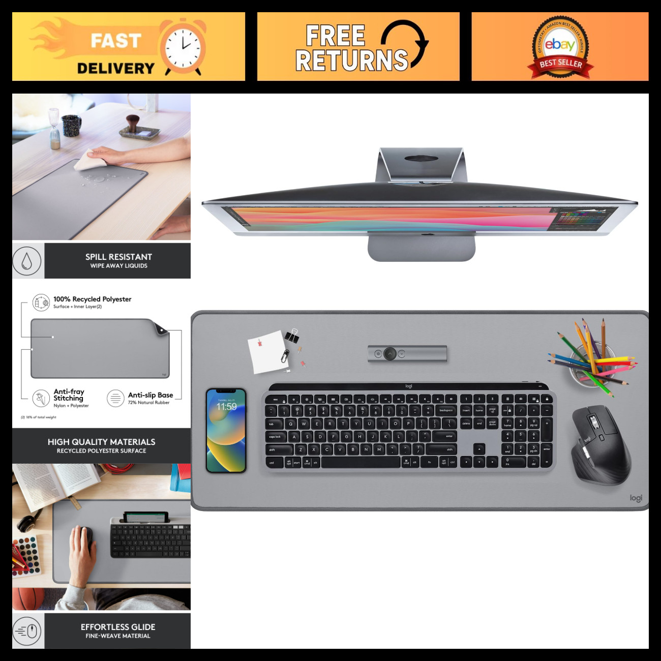 Large Desk Mat 28x12 Inches - Stylish Mid Grey Gaming/Office Mouse Pad