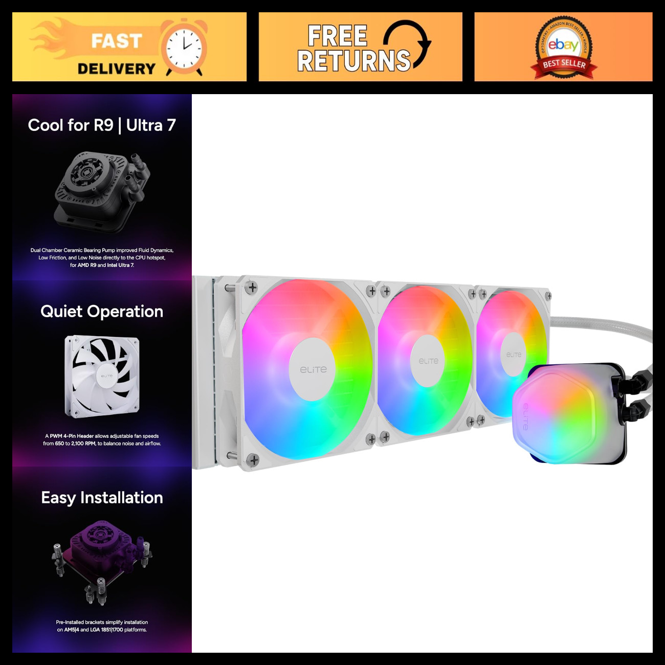 360mm AIO Liquid CPU Cooler, ARGB RGB Lighting, Efficient Cooling System, White