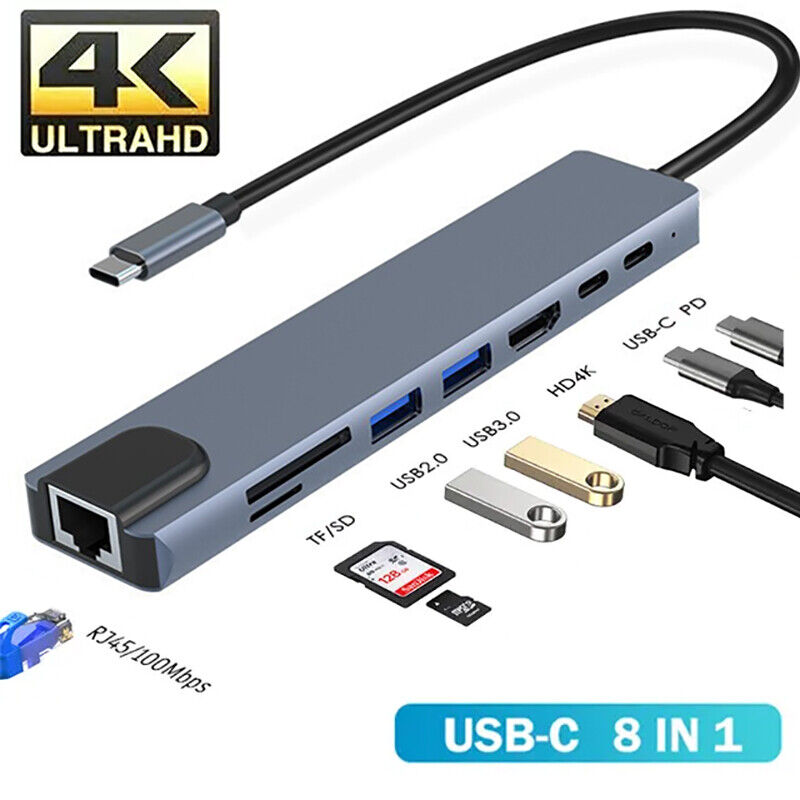 8 in 1 Multiport USB-C Hub Type C To USB 3.0 4K HDMI Adapter For Macbook Laptop
