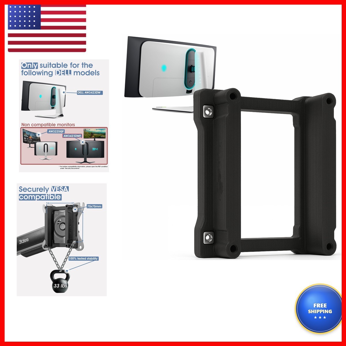 3IDEE VESA Mount Adapter Dell Alienware 34 AW3423DW Monitor VESA 75x75mm