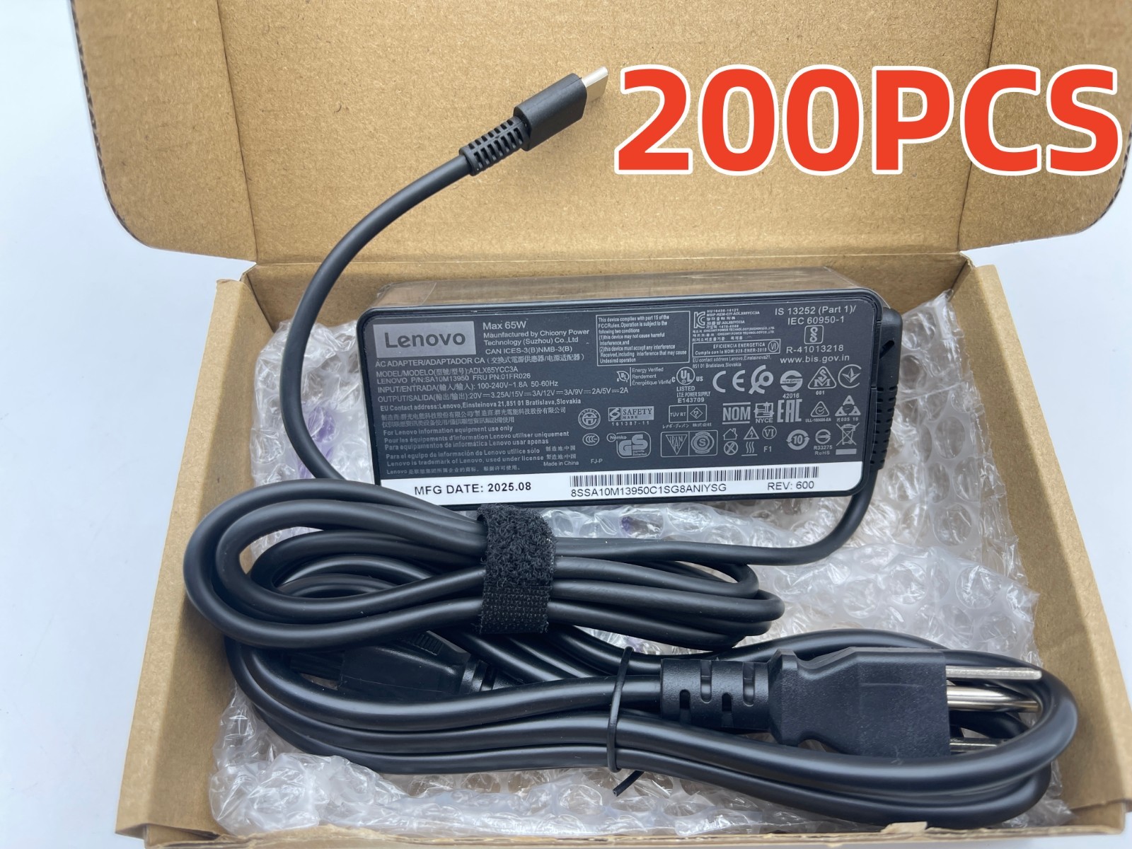 200PCS OEM NEW 65W USB-C Charger For Lenovo Thinkpad P52s T470s T480 ADLX45YCC2A