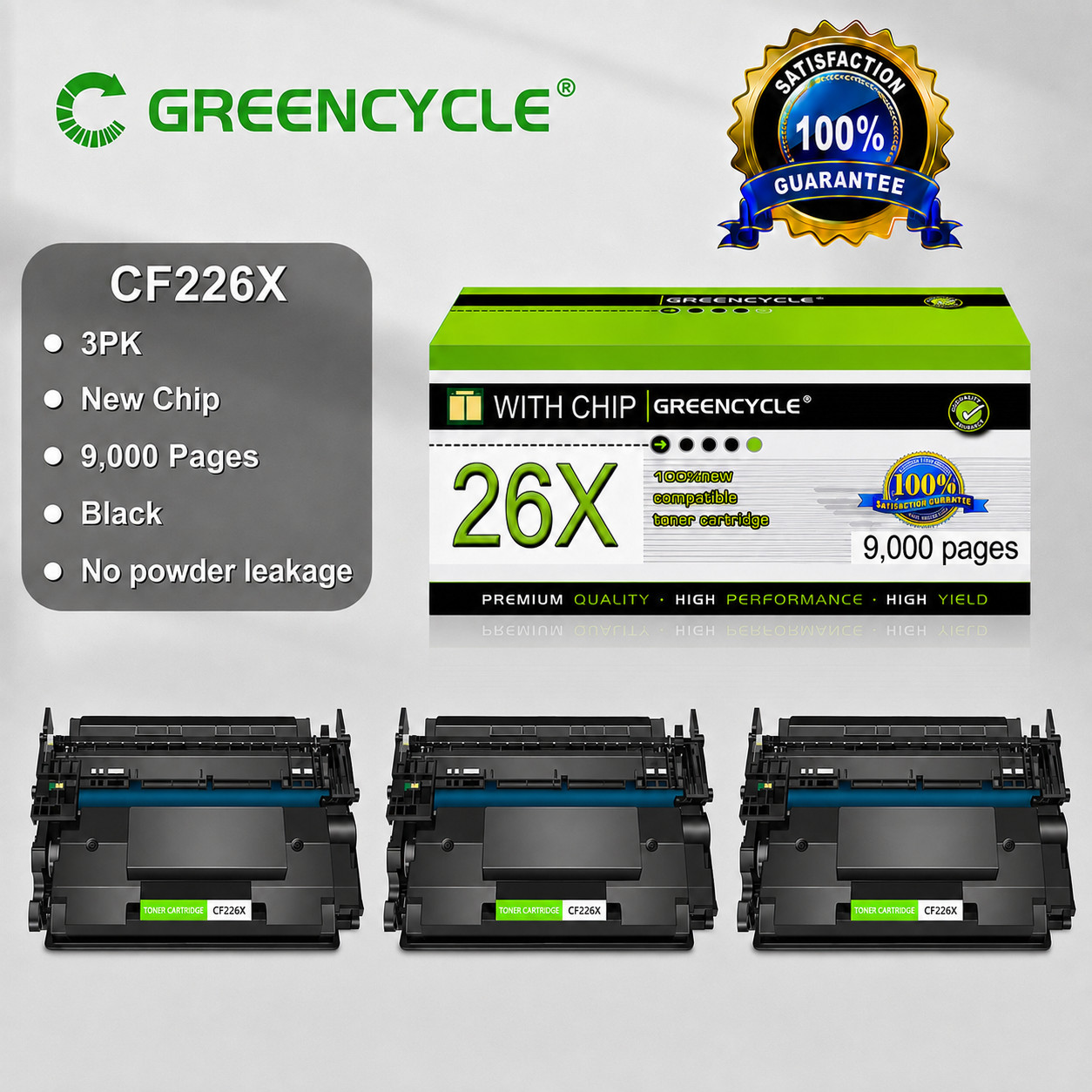 3 Pack CF226X 26X Black Toner Compatible for HP LaserJet Pro M402dn MFP M426dw