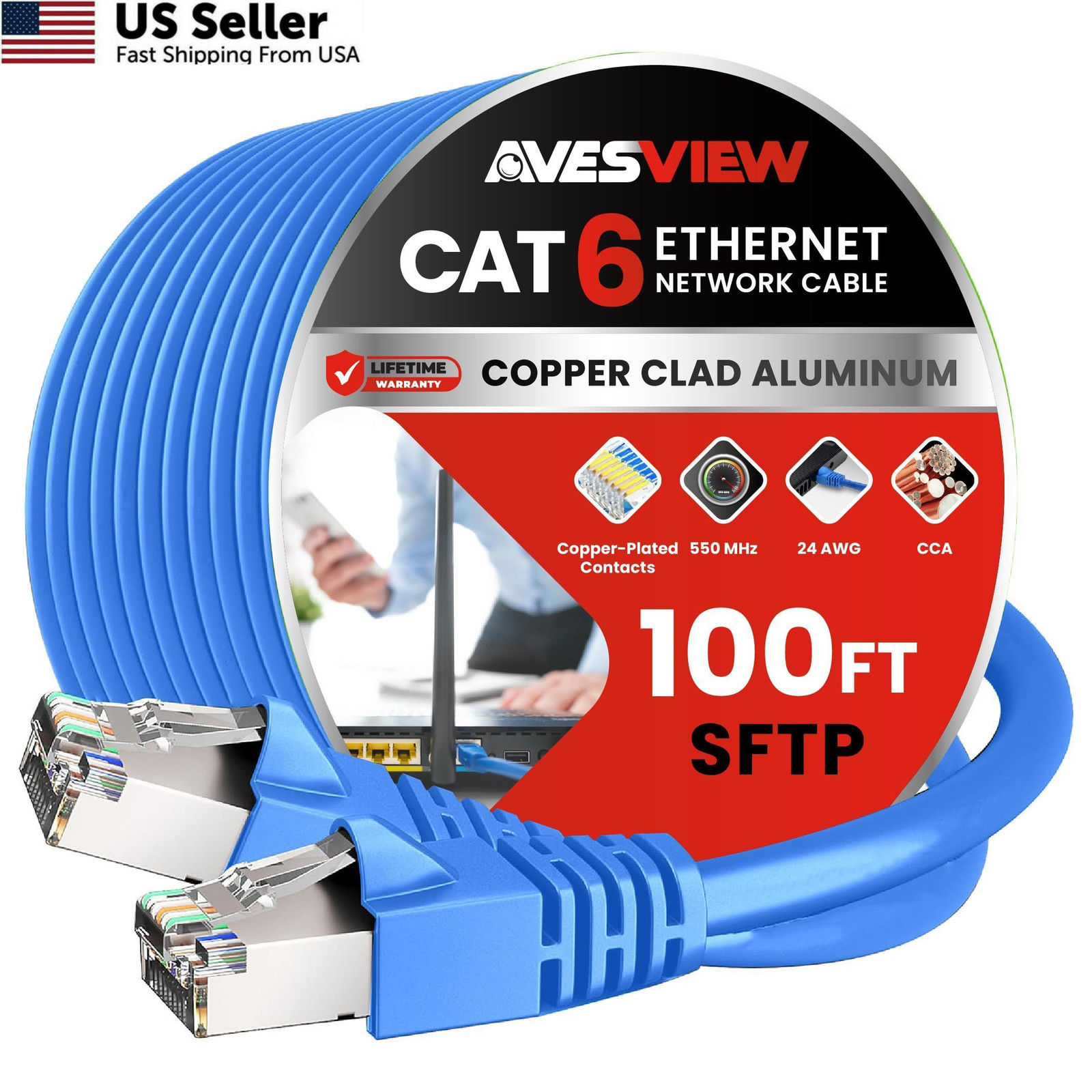 AvesView CAT 6 Shielded Ethernet Cable 100 FT, Indoor High-Speed 100FT, Blue 