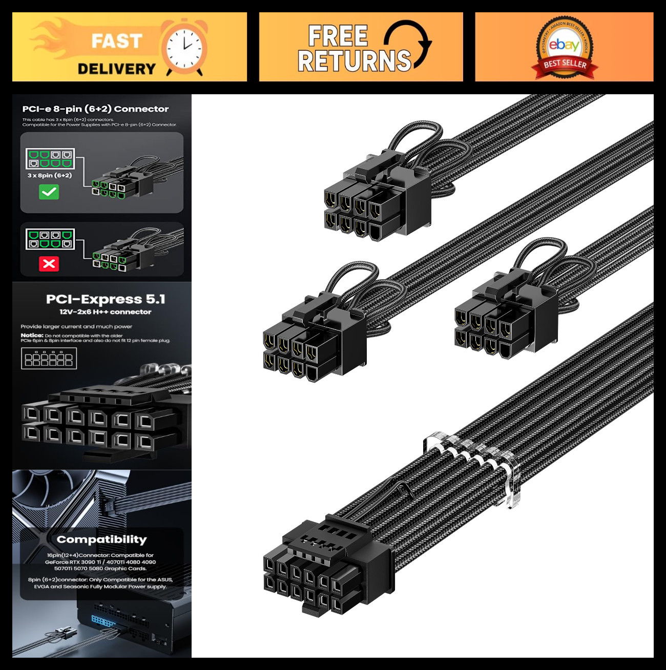 600W PCIe 5.1 GPU Power Cable 16pin (12+4) 12VHPWR for Graphics Card - Black