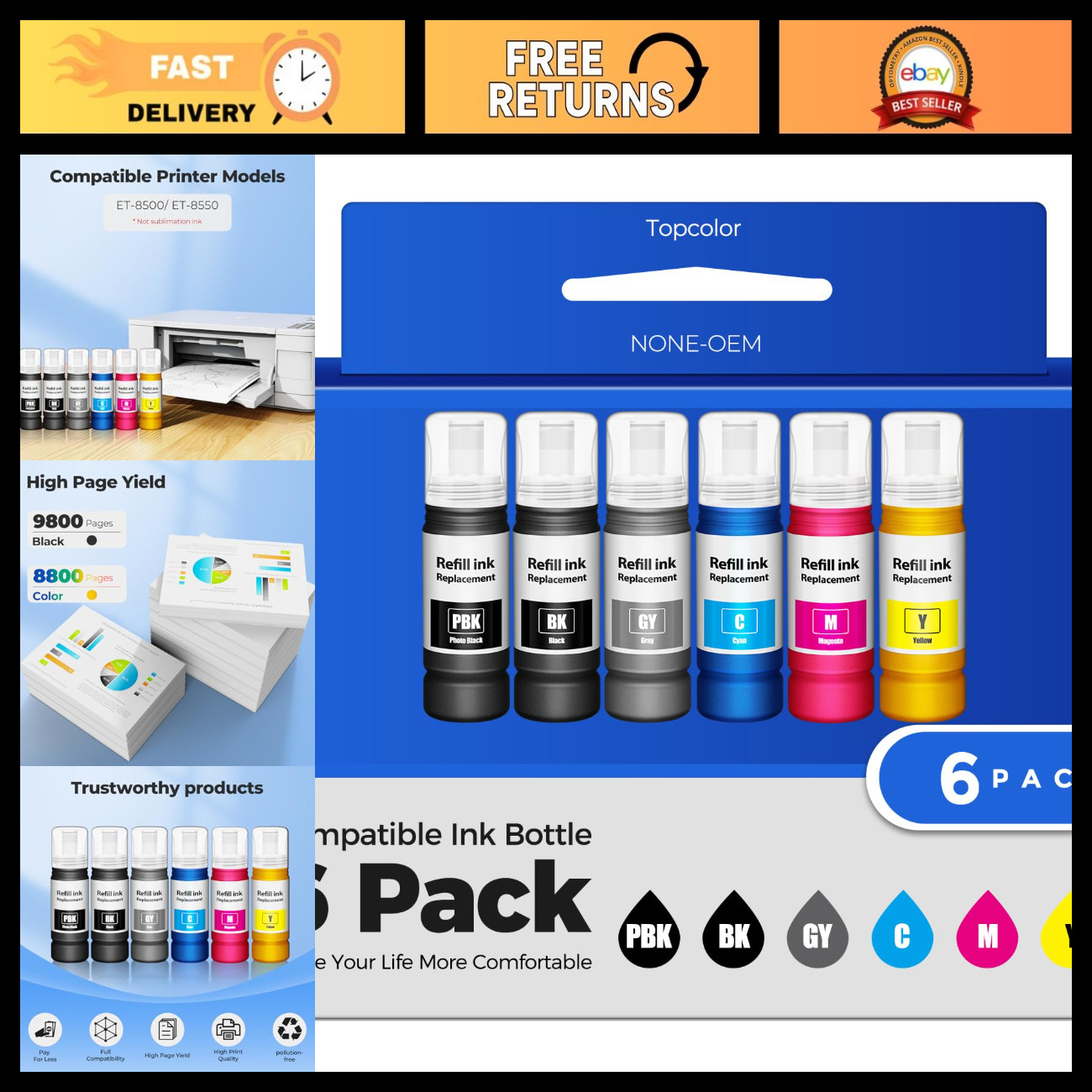 6 Pack Compatible Ink Refill Bottles for ET-8550 ET-8500 Printers - High Quality