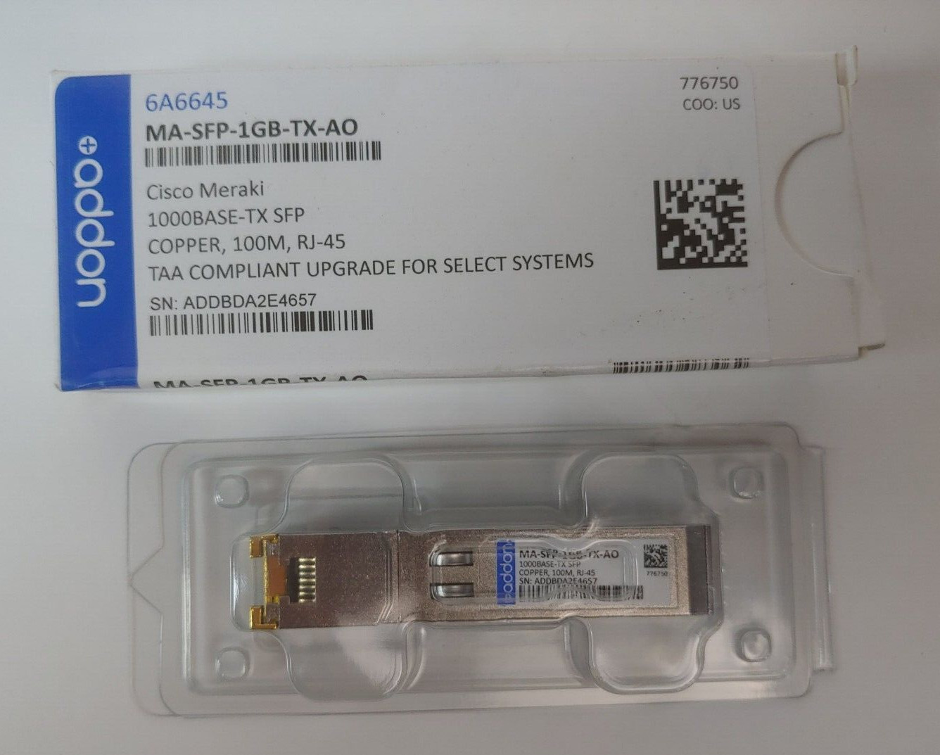 AddOn Meraki now Cisco MA-SFP-1GB-TX Compatible 1000Base-TX SFP Transceiver NEW