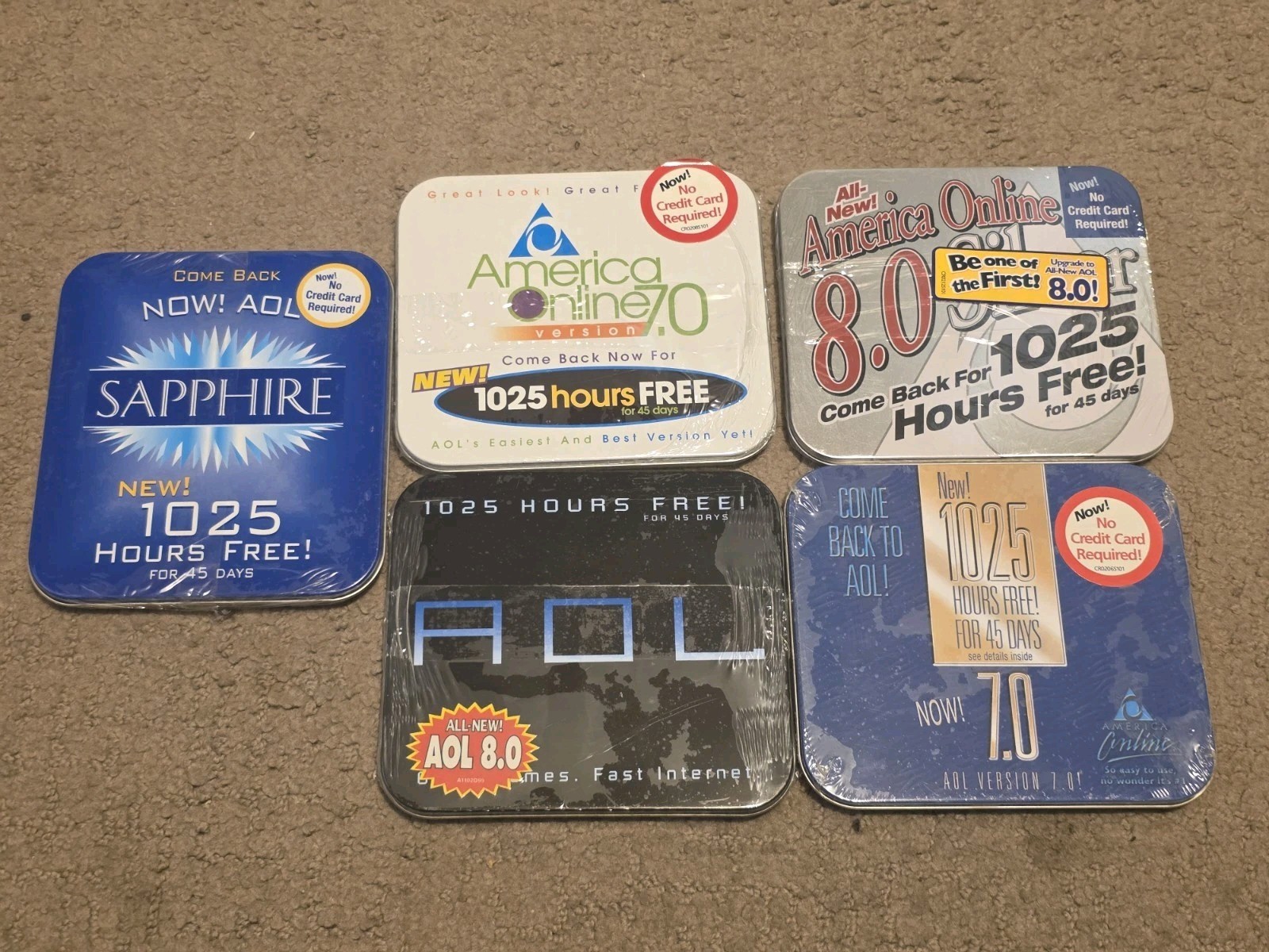 Lot of 5 AOL CD Tins America Online 7.0 8.0 Hours Silver Sapphire Y2K New Sealed