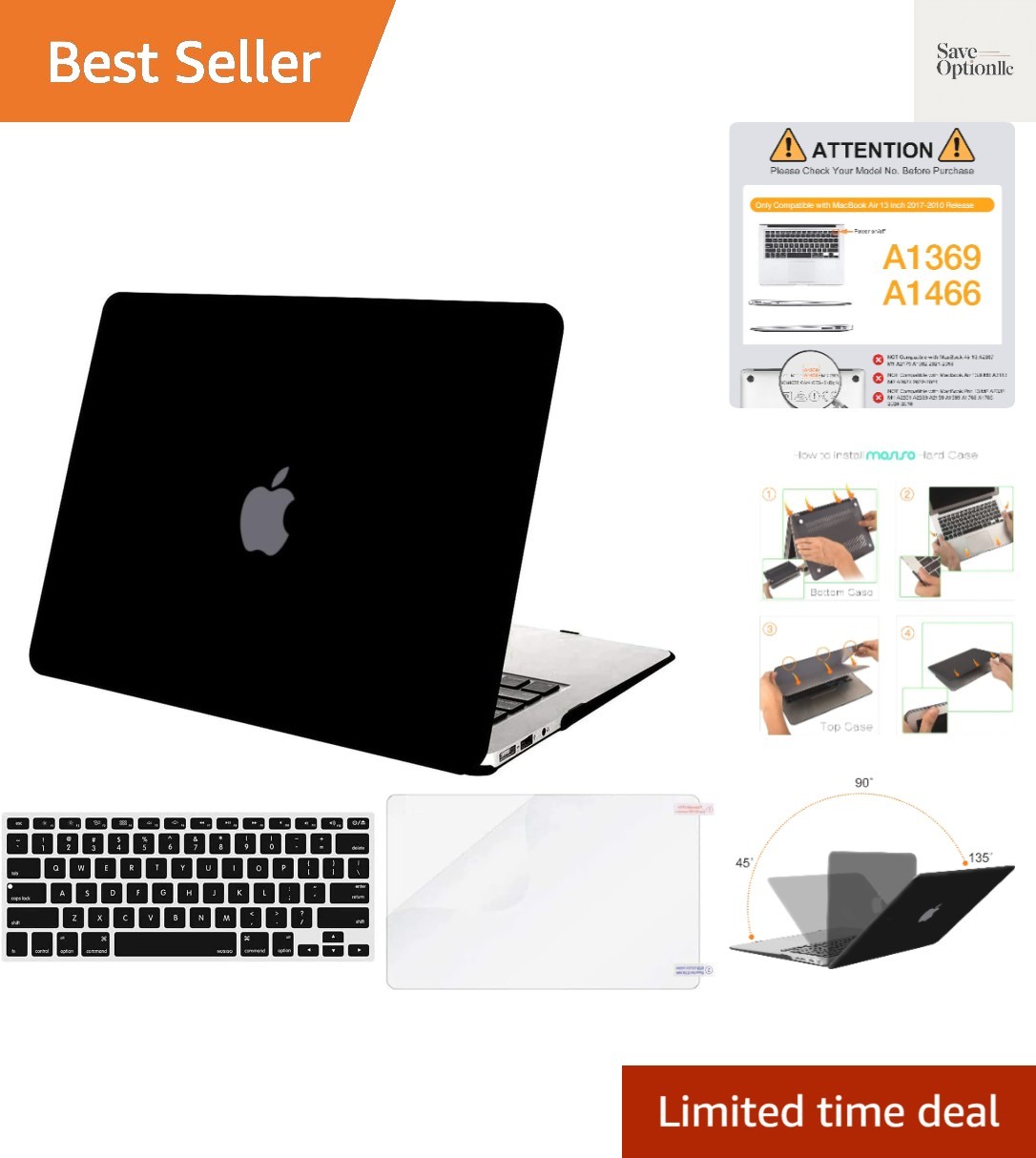 Elegant Black Hard Case for MacBook Air 13" Models A1369 A1466 with Accessories