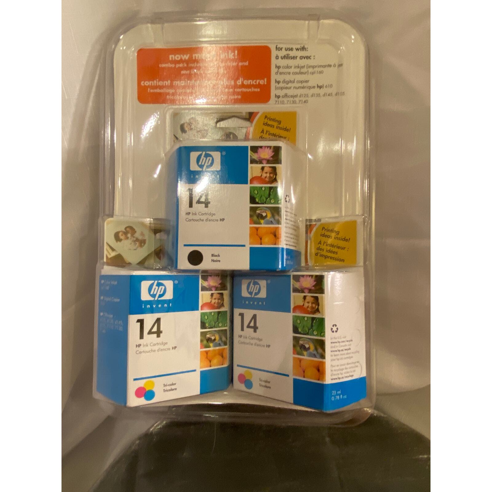 HP Invent 14 Three (3) Pack Ink Cartridges, 1 Black 2 Tri-color NIB Exp. 2005