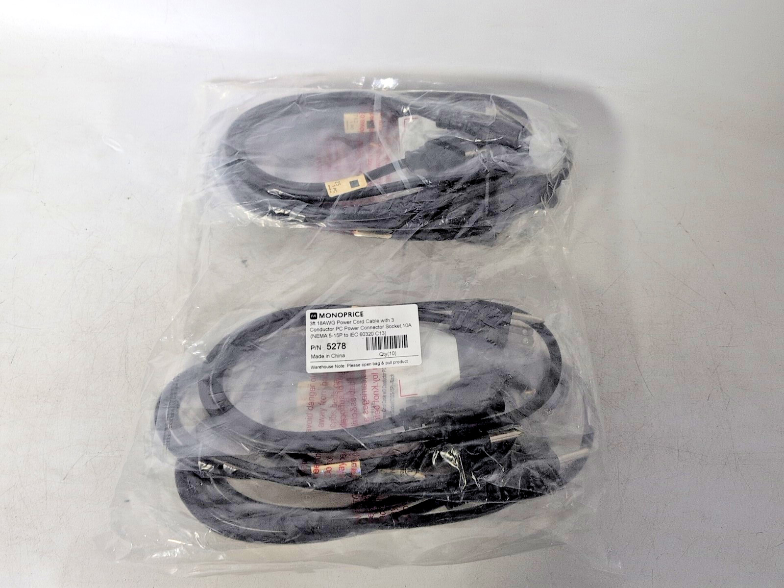 QTY 10 MONOPRICE 3FT 18AWG POWER CORD CABLE WITH 3  5278