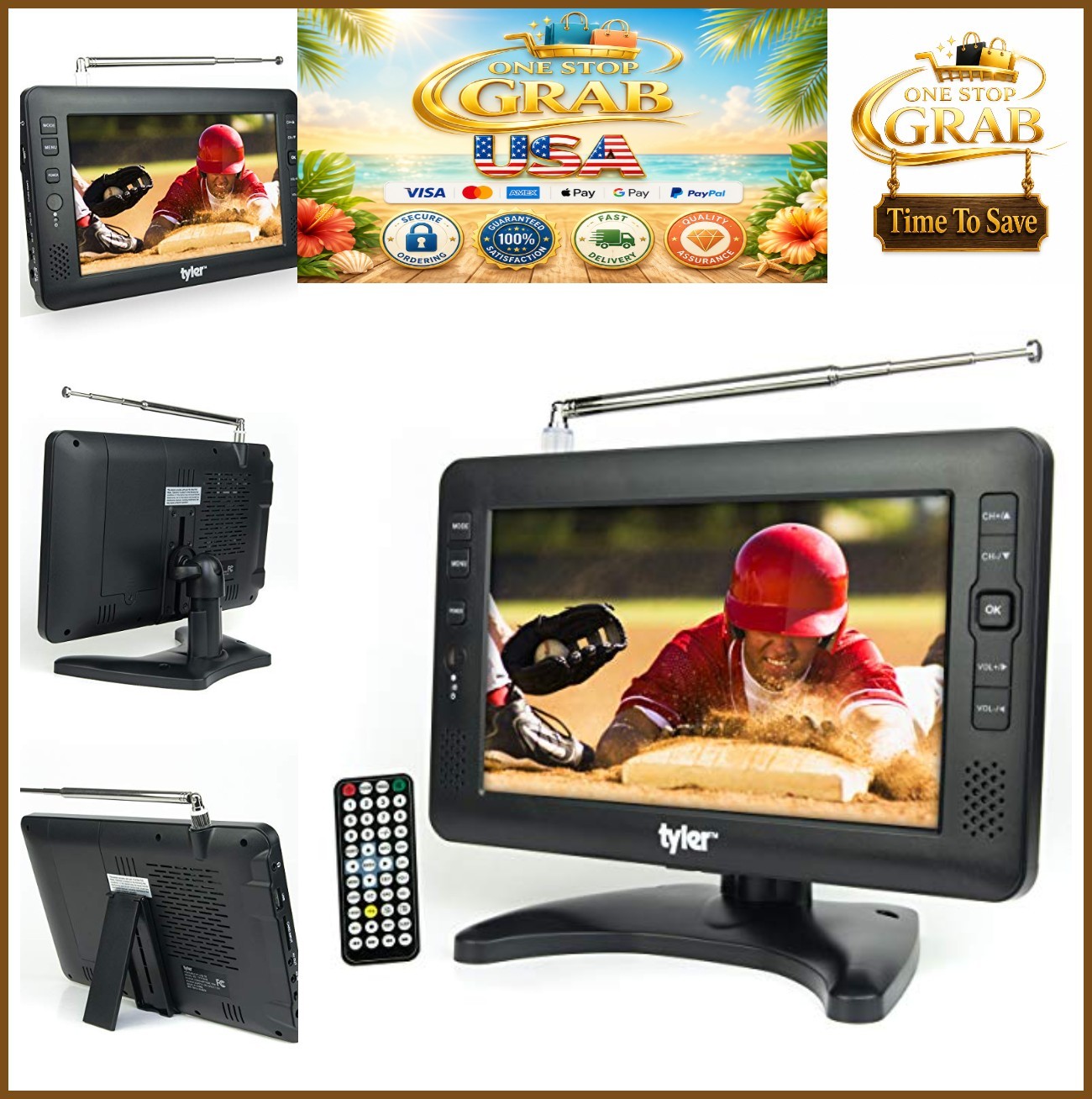 9" Portable TV LCD Monitor Rechargeable Battery HD USB SD AC/DC Remote Built In