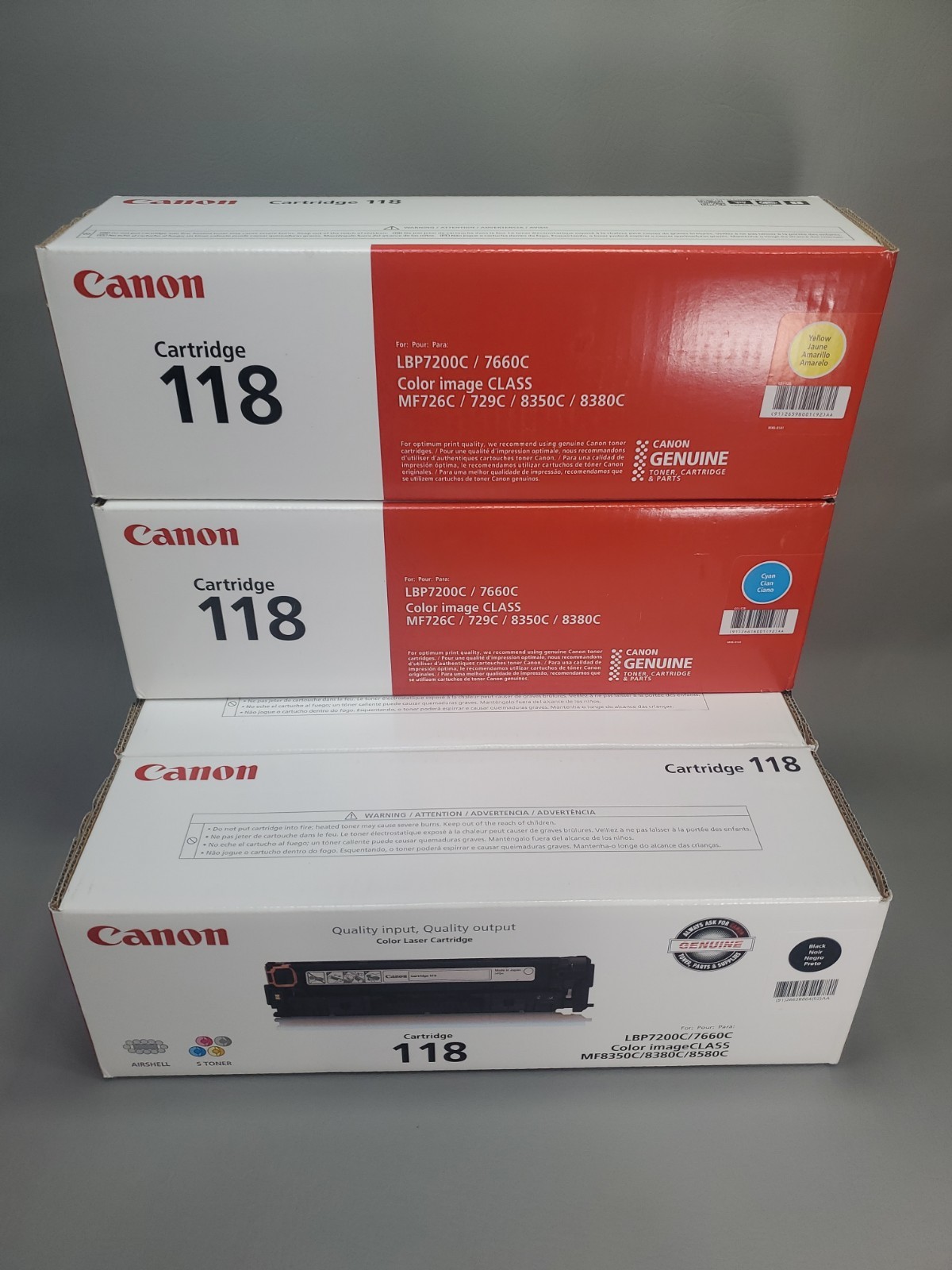CANON 118 Toner Cartridge Set Black 2Pk-Cyan-Yellow (Lot of 4, 1 Black open box)