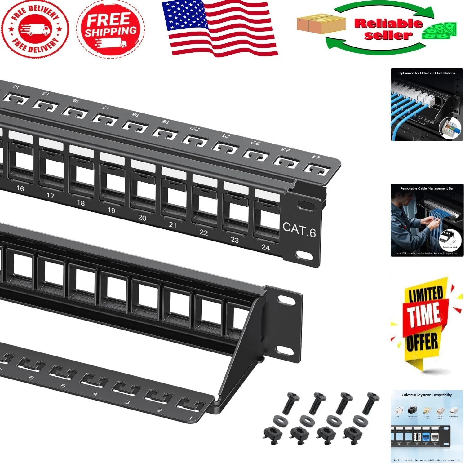 Multi-Use 1U 24-Port Black Keystone Patch Panel - Ideal for High-Speed Networks