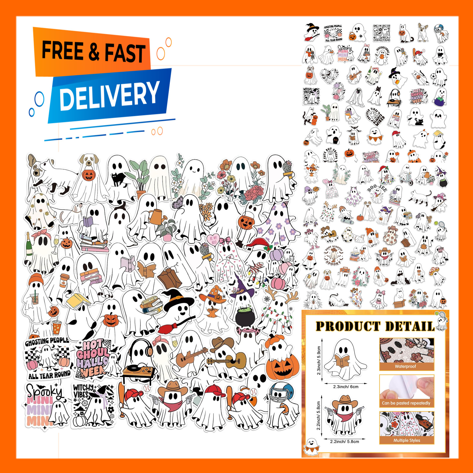Halloween Ghost Stickers Pack 200 Waterproof Decals for Laptops Water Bottles