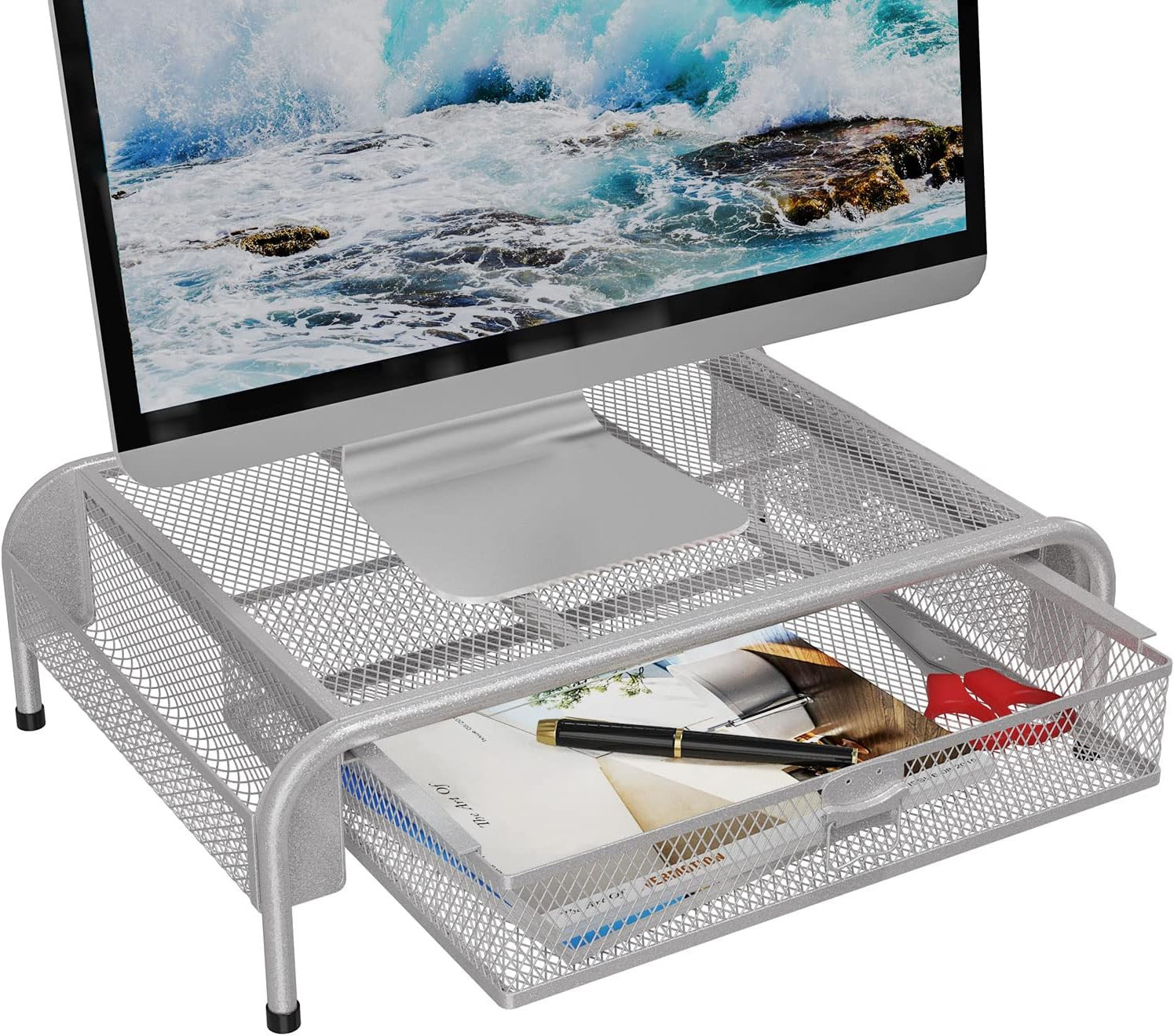 Metal Mesh Monitor Riser Desktop Stand w/ Drawer, Side Storage Pockets (Silver)