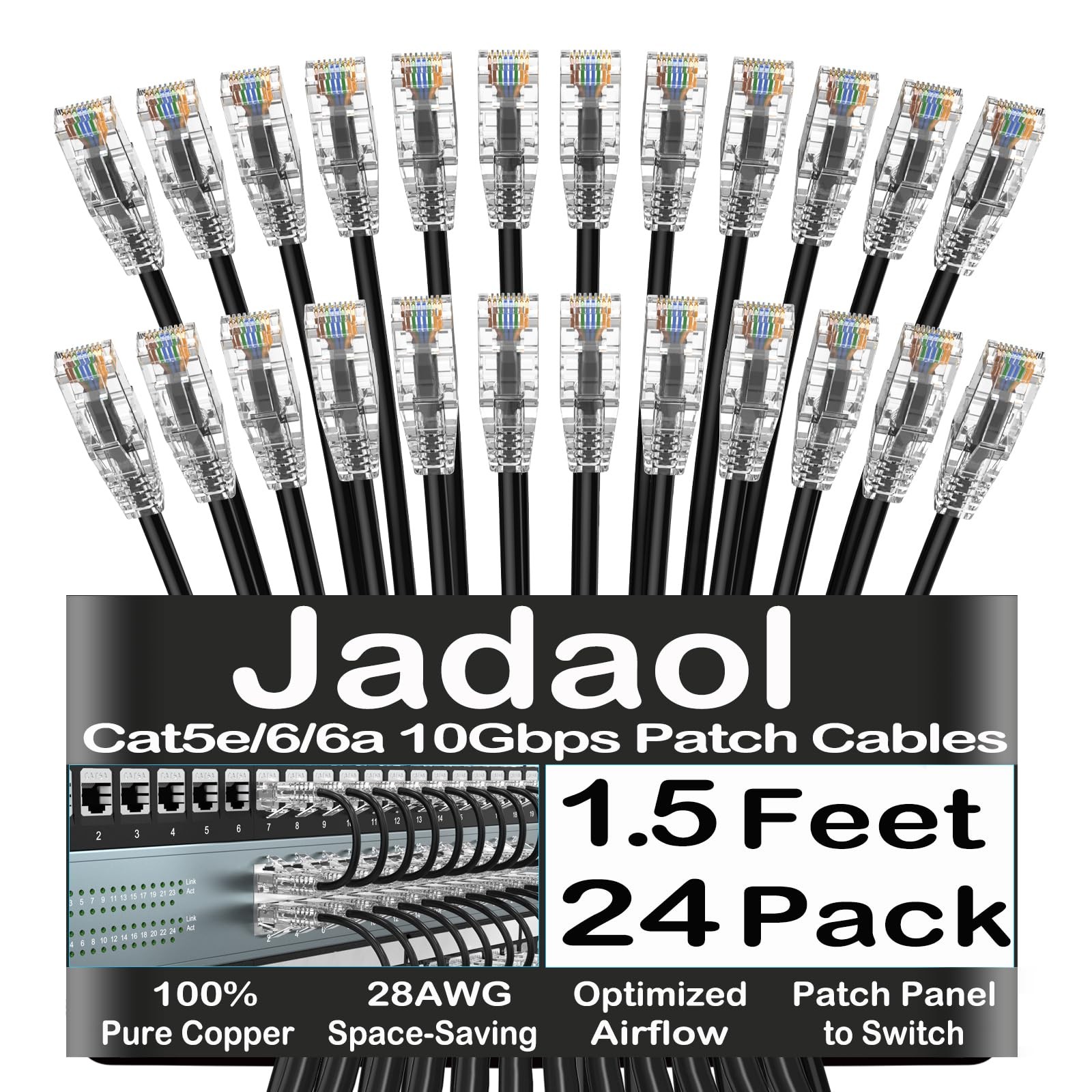 24 PCS Cat 6a / Cat 6 Ethernet Patch Cable 1.5ft 10Gbps Slim 28AWG Black