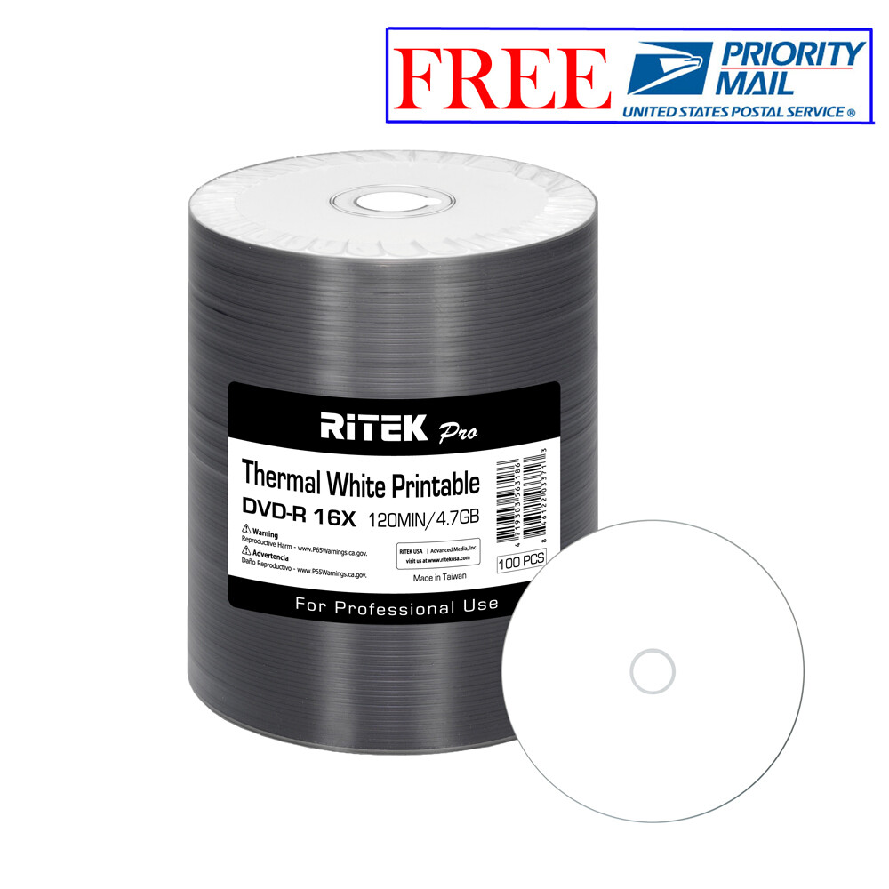 100 Pack Ritek Pro DVD-R 16X 4.7GB White Thermal Hub Printable Blank Media Disc
