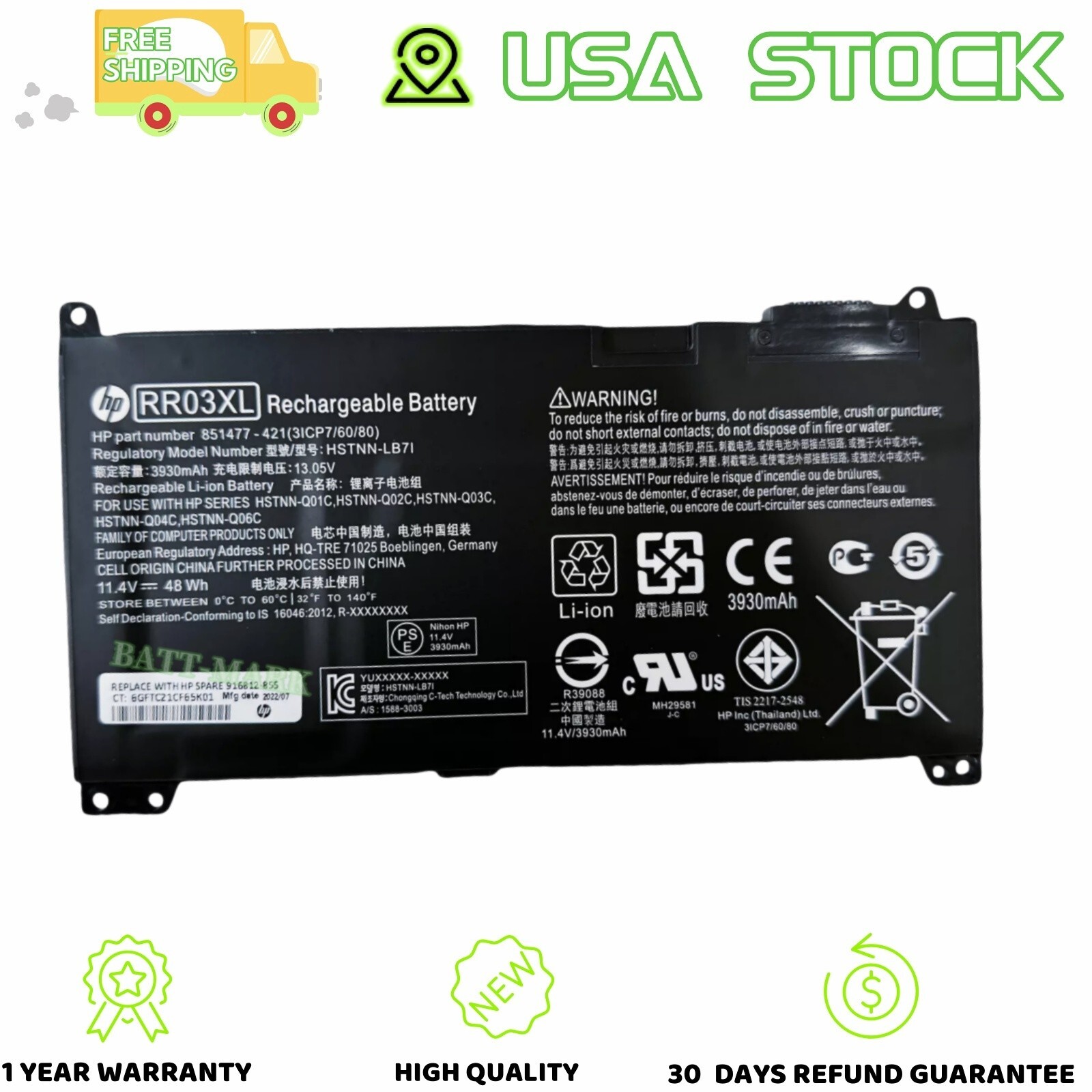 Original RR03XL 851610-850 851610-855 Battery For HP  PROBOOK 430 440 450 470 G5