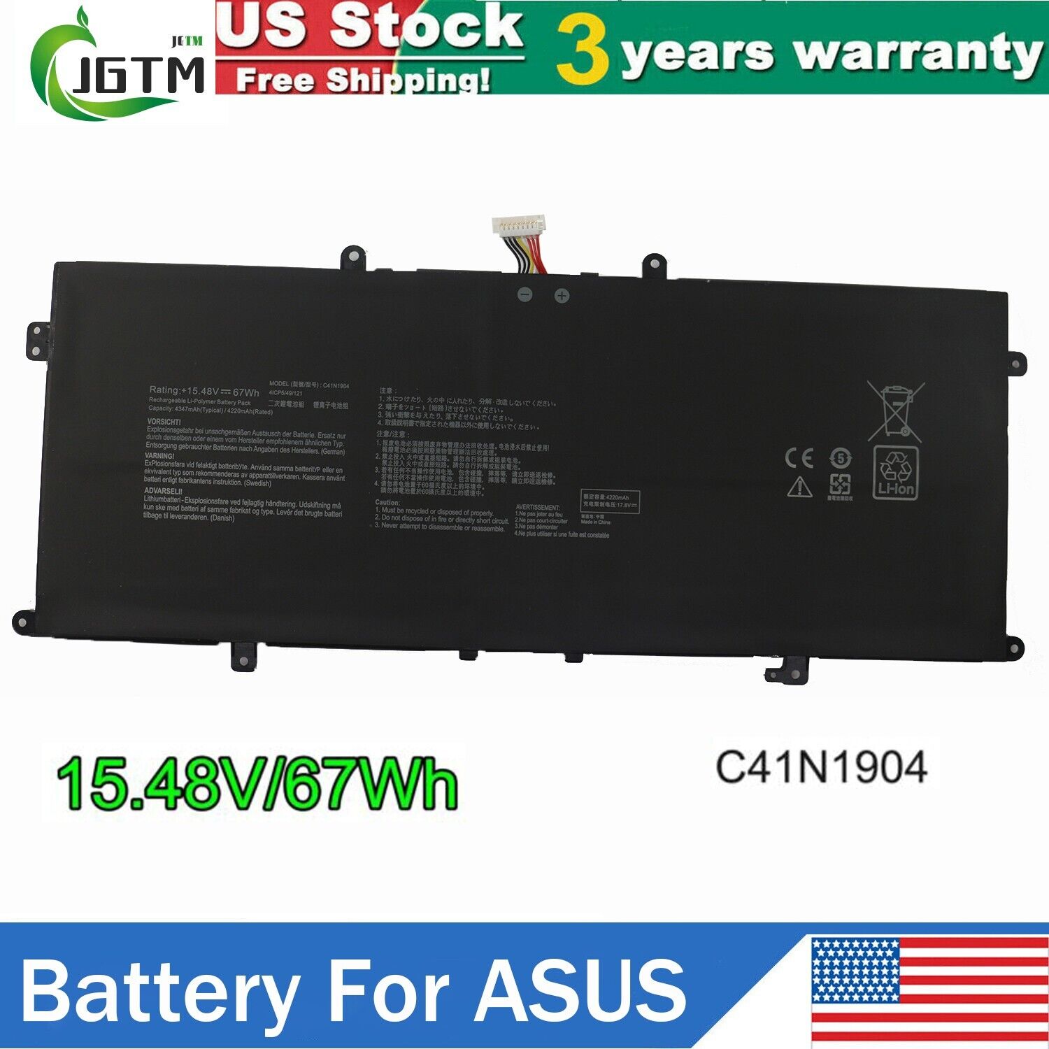 C41N1904 Battery for Asus ZenBook 14 UM425IA UX425EA 13 BX325JA 67Wh 15.48V US