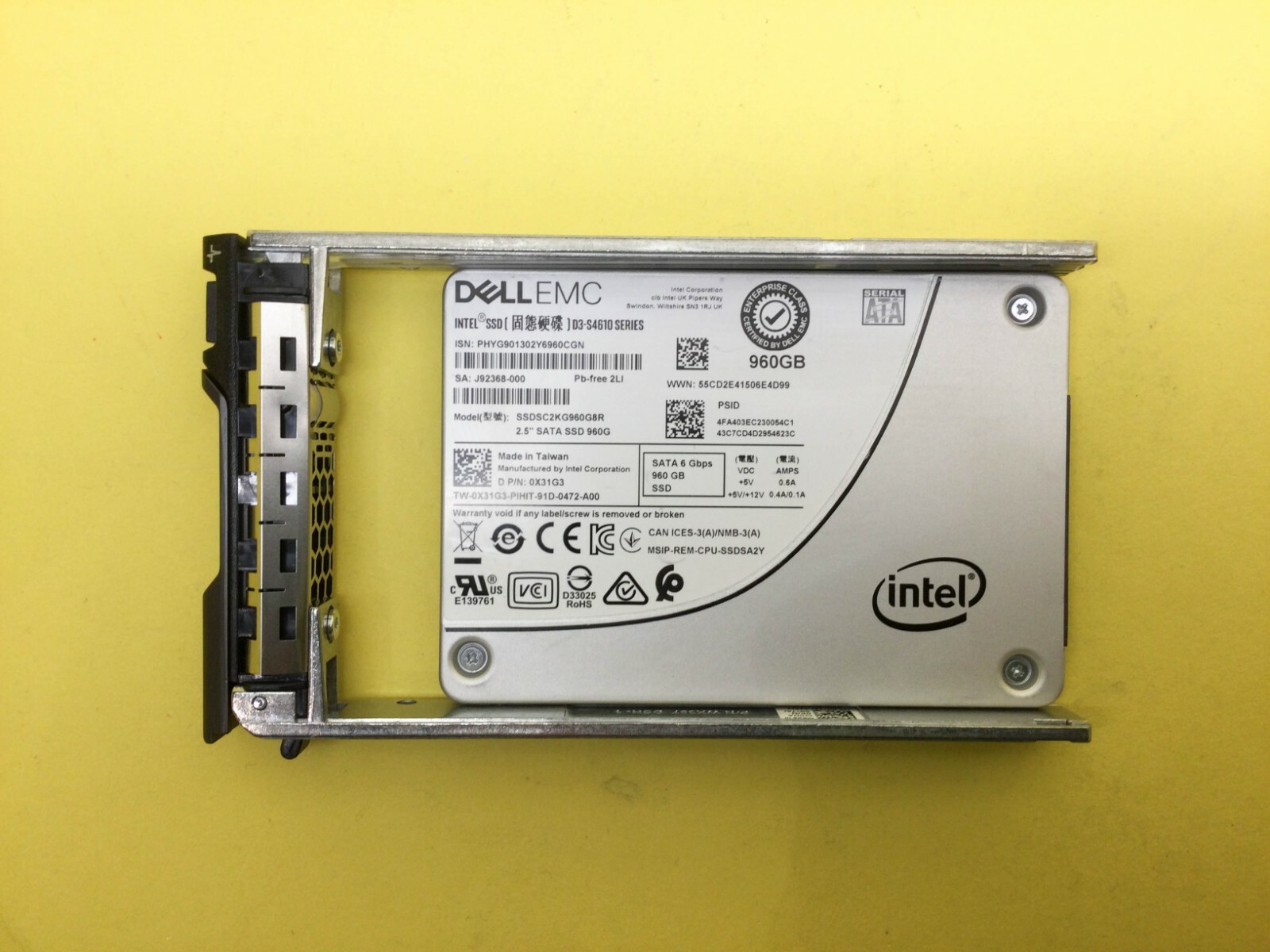 X31G3 DELL D3-S4610 SERIES 960GB MU SATA 6Gbps 2.5IN SSD SSDSC2KG960G8R 0X31G3