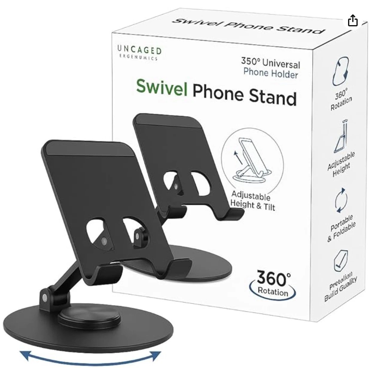 Uncaged Ergonomics 360° Swivel Rotating Adjustable Phone Stand for Desk Portable