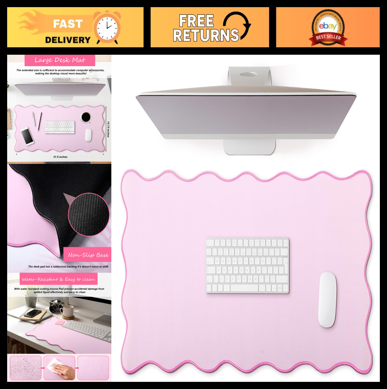 Large Scalloped Desk Mat - Cute Coquette Table Pad, Waterproof & Nonslip, 31.5"x