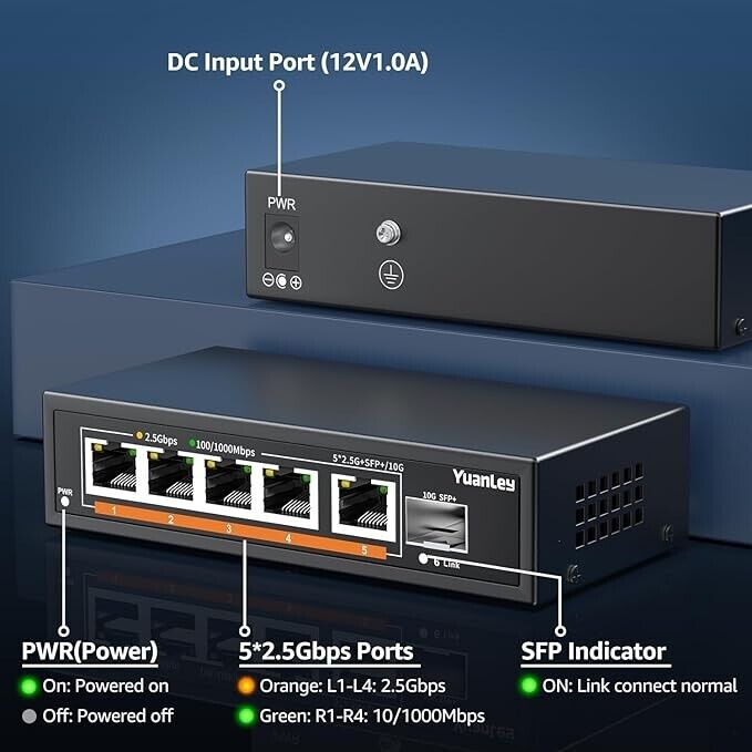 6 Port 2.5G Umanaged Ethernet Switch, 5 x 2.5G Base-T Ports, 1 x 10G SFP