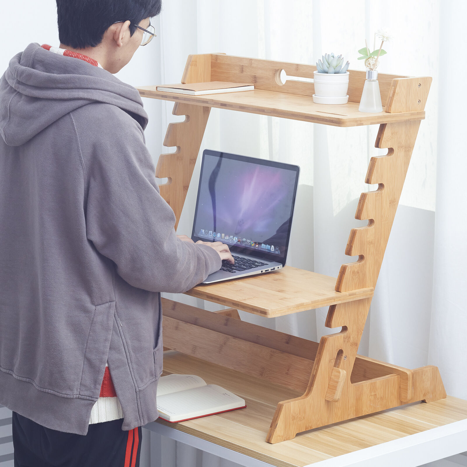 Standing Desk Converter Tabletop Sit to Stand Desk Riser w/ Phone Headset Holder