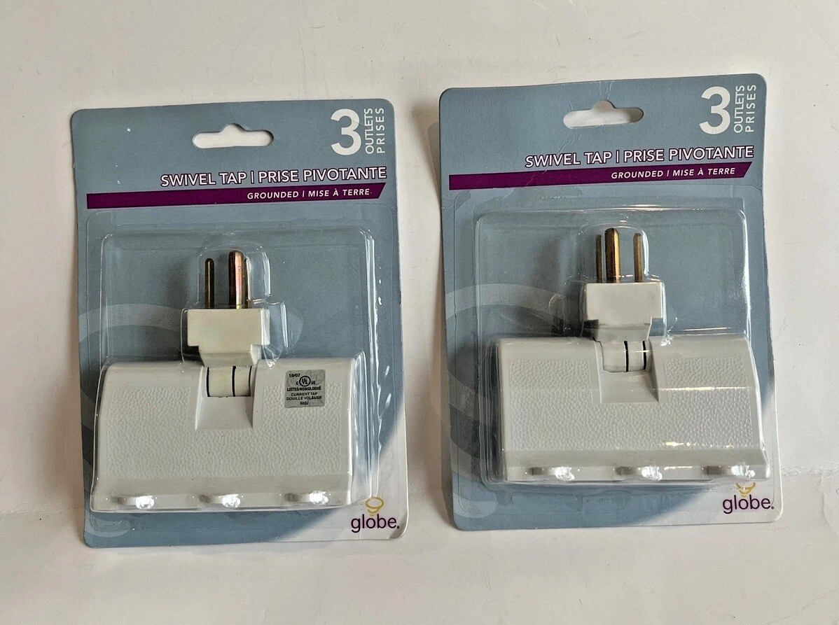 3 Outlet Lateral Swivel Grounded Wall Adapter Tap Globe Lot of 2 NIB New