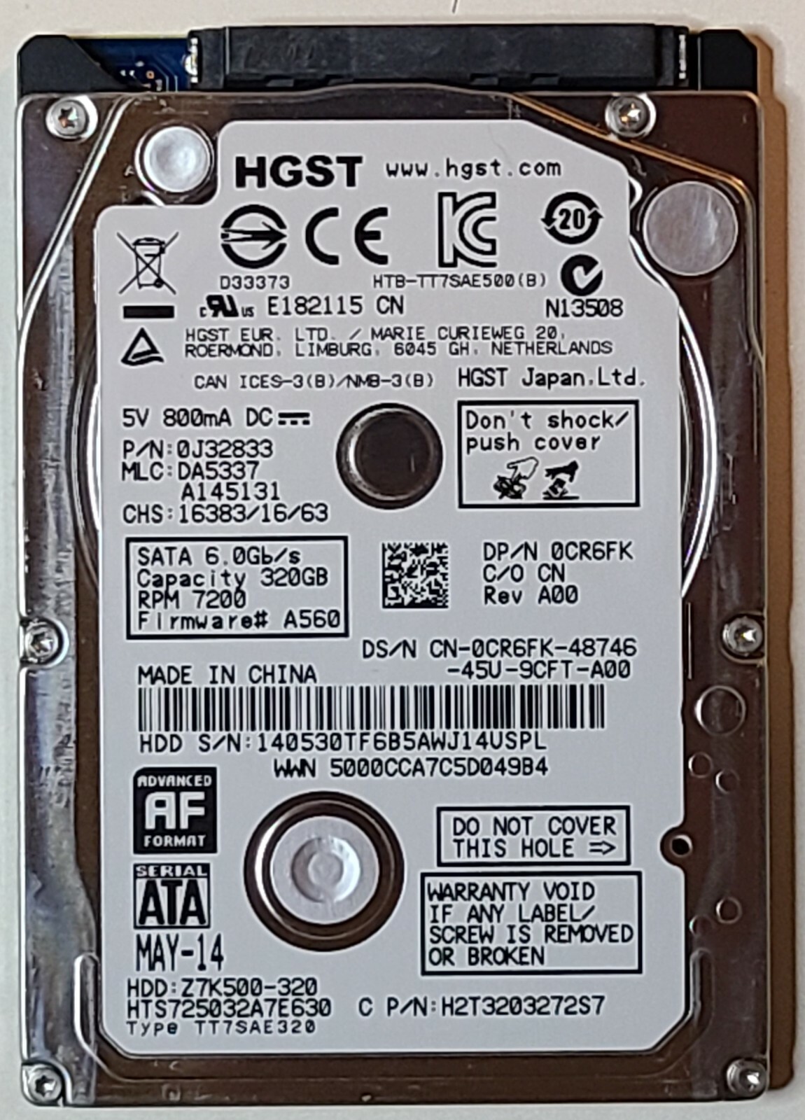 NEW Original Dell Latitude E6440 Hard Drive CR6FK 320GB 7200RPM HGST Z7K500-320