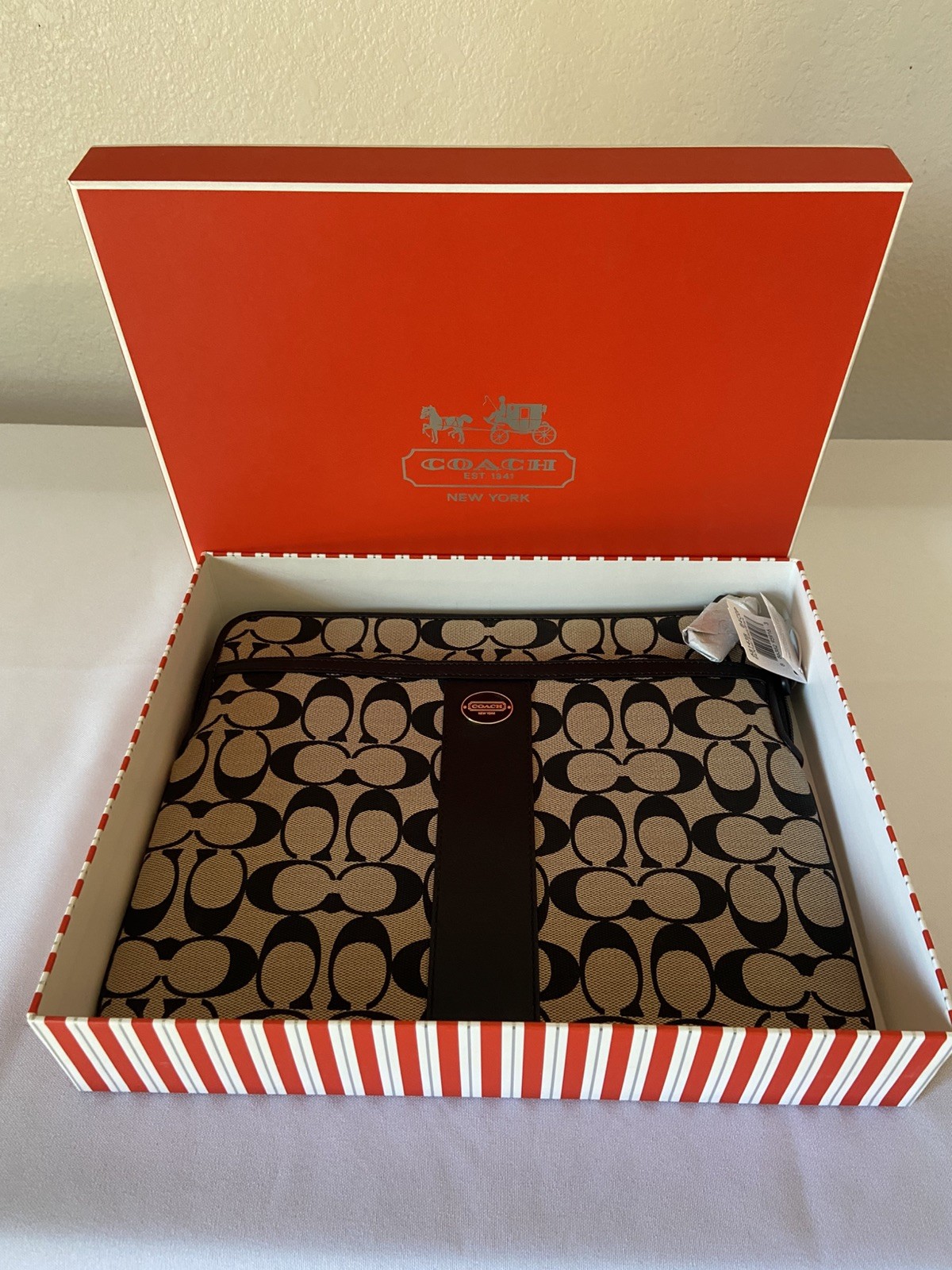Coach Signature Tablet iPad Sleeve Case Leather Black / Khaki Canvas NEW in box