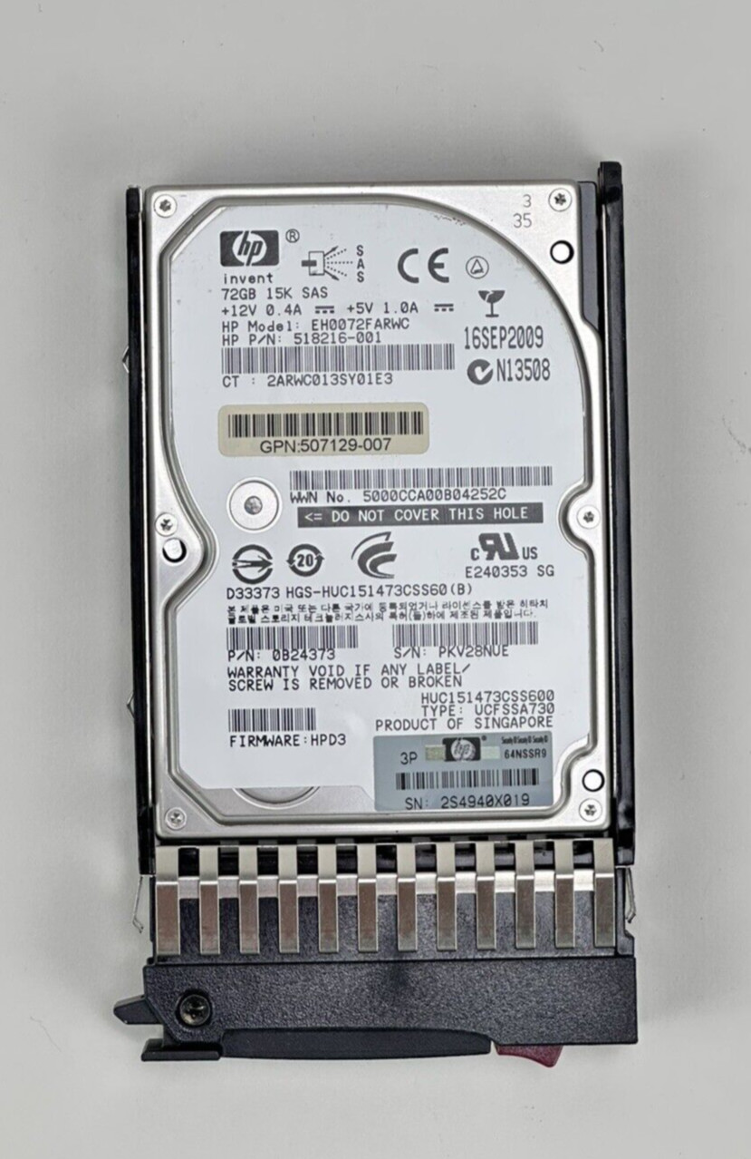 HP 72GB 15K 6 Gbps SAS Dual Port SFF 2.5" DP Hard Drive 6G 512743-001