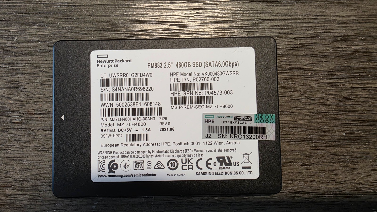 SAMSUNG 480GB Enterprise SSD - PM883 2.5" SATA 6.0Gbps MZ7LH480HAHQ-00005