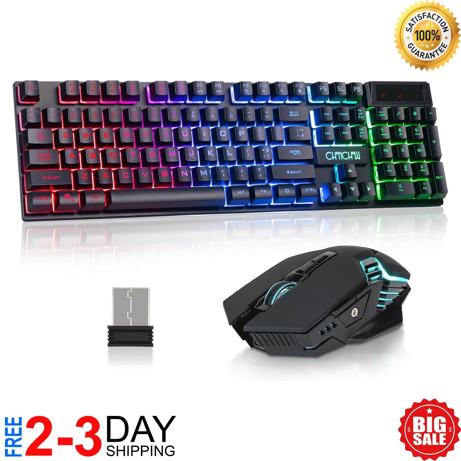 Wireless Gaming Keyboard and Mouse Mechanical Feel Rainbow Backlit