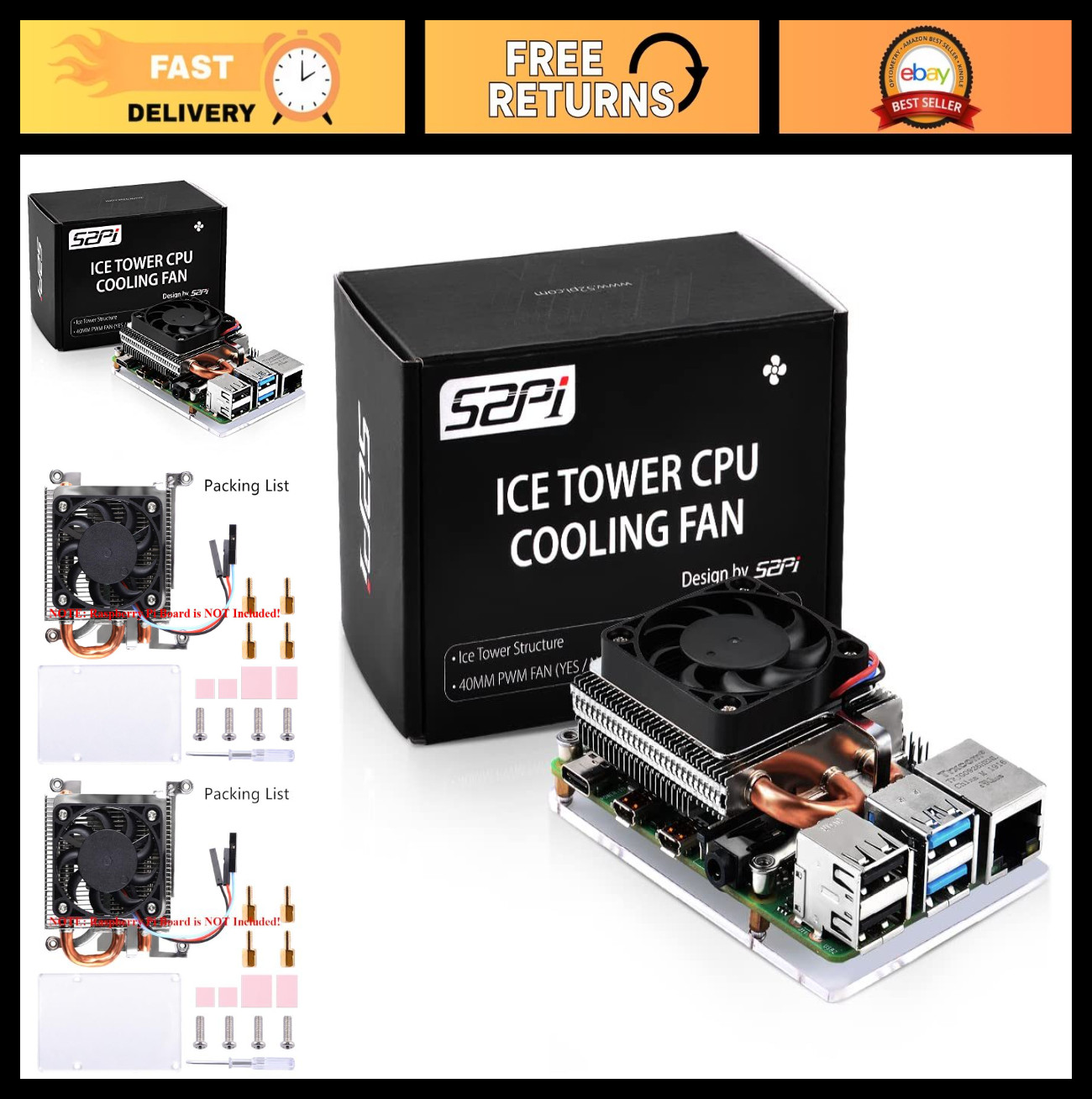Ultra Thin ICE Tower Cooler for Raspberry Pi 4, PWM Cooling Fan & Heatsink